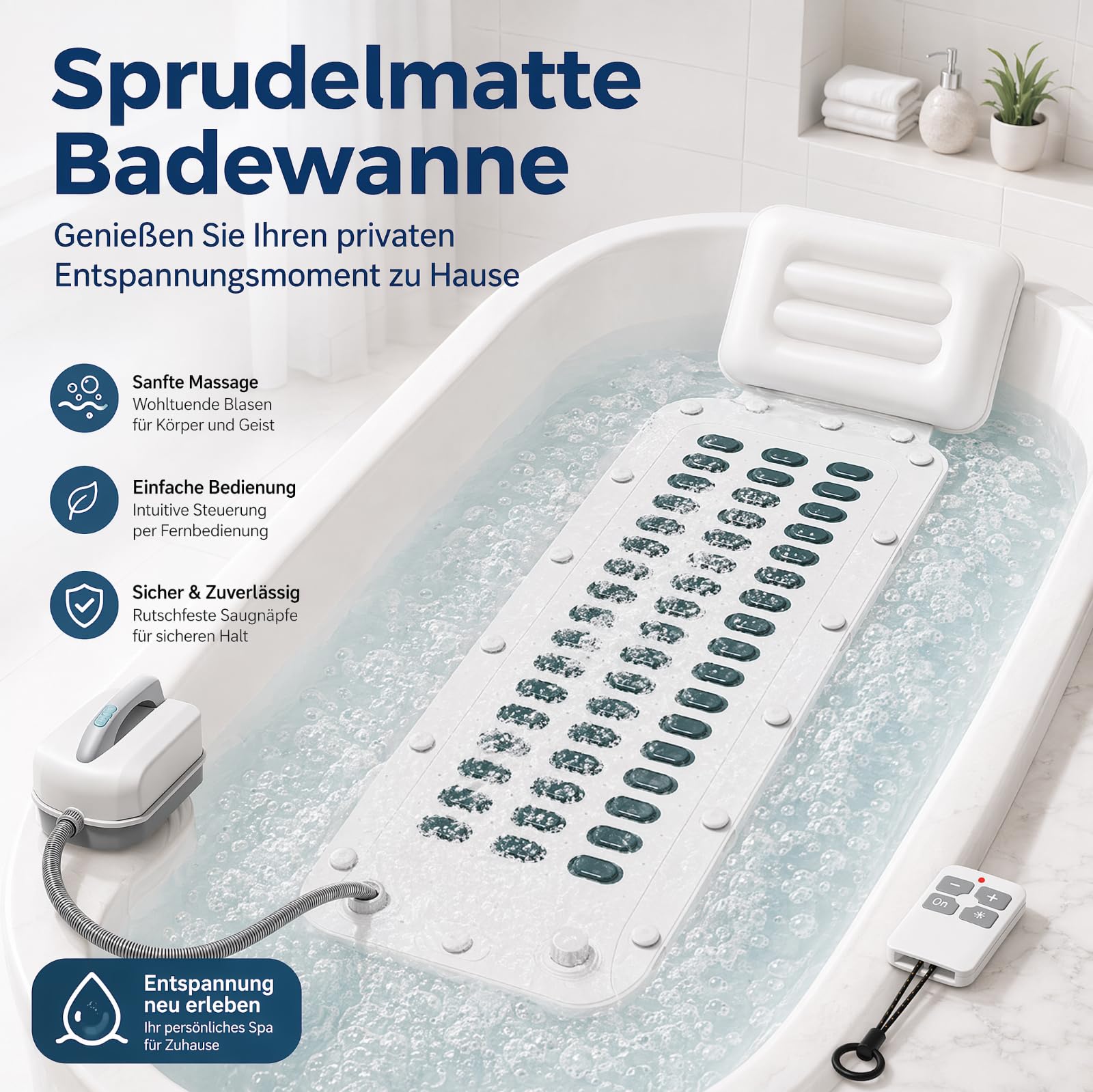 Badewanne Spa Matte, Luftsprudelbad Sprudelmatte, Whirlpool Badewannenmatte mit Kissen, Portable Bubble Bath Massager mit 6 Geschwindigkeit Blasen für Home Relaxation, Anti-Rutsch-Saugnäpfe