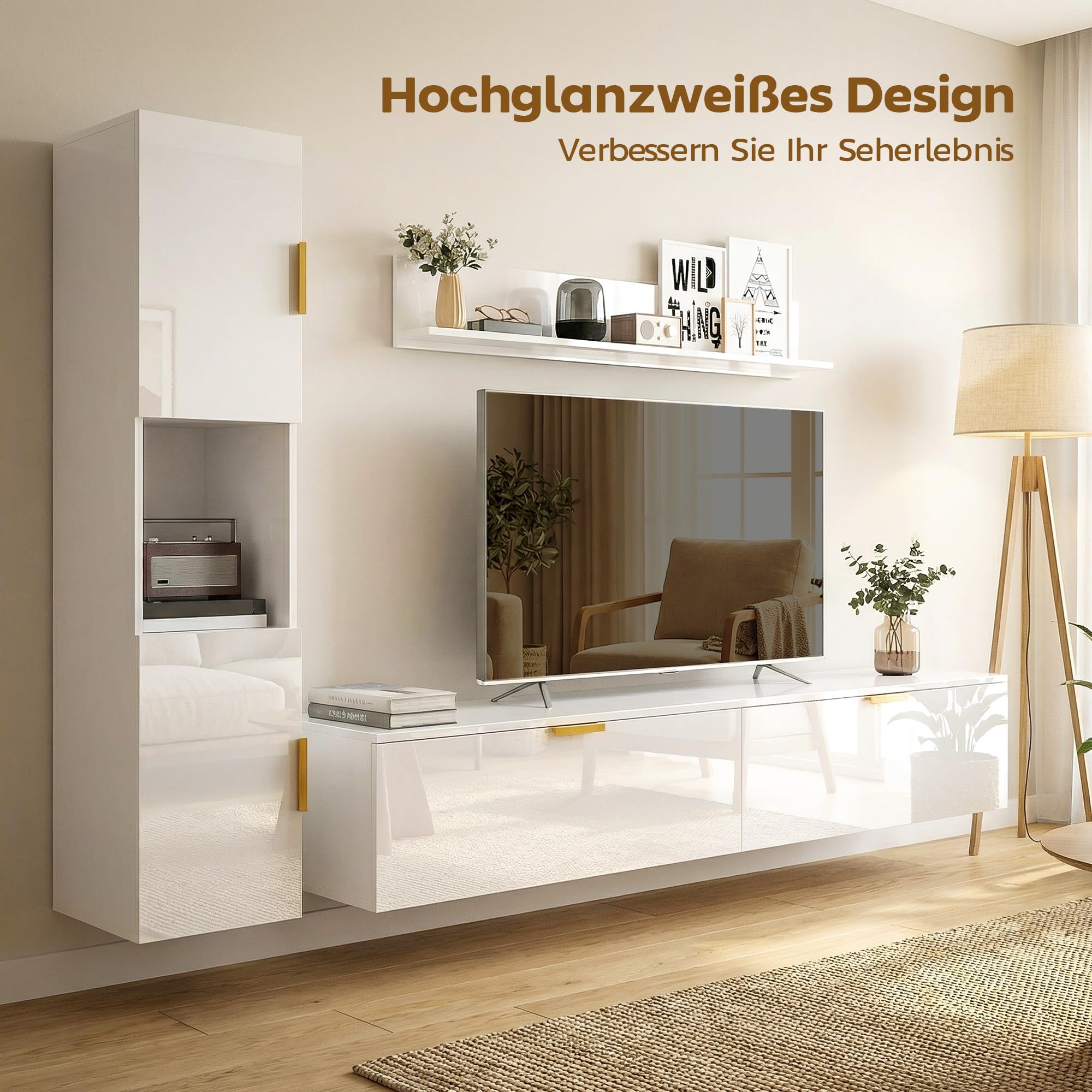 HOMCOM Meuble Mural pour Salon avec étagère Murale et Armoire de Rangement, Ensemble TV 3 pièces, Meuble TV avec Portes battantes, pour téléviseurs jusqu'à 55 Pouces, Blanc Brillant