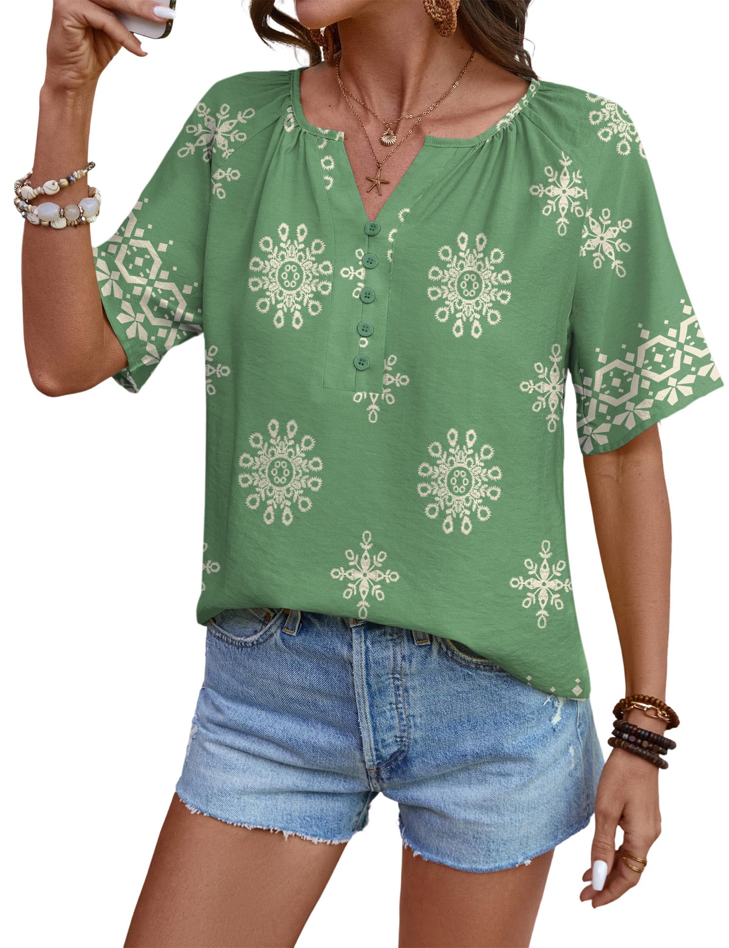 Rapbin Womens Summer Boho Tops Casual Short Sleeve Blouses Button Down Shirts 2026 Beach Vacation Clothes — view 17