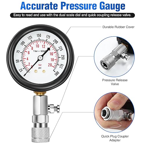 Miniatura 18 de Kit de probador de compresión automotriz de 9 piezas y probador de bujías, herramientas de prueba universales de motor de automóvil y motocicleta