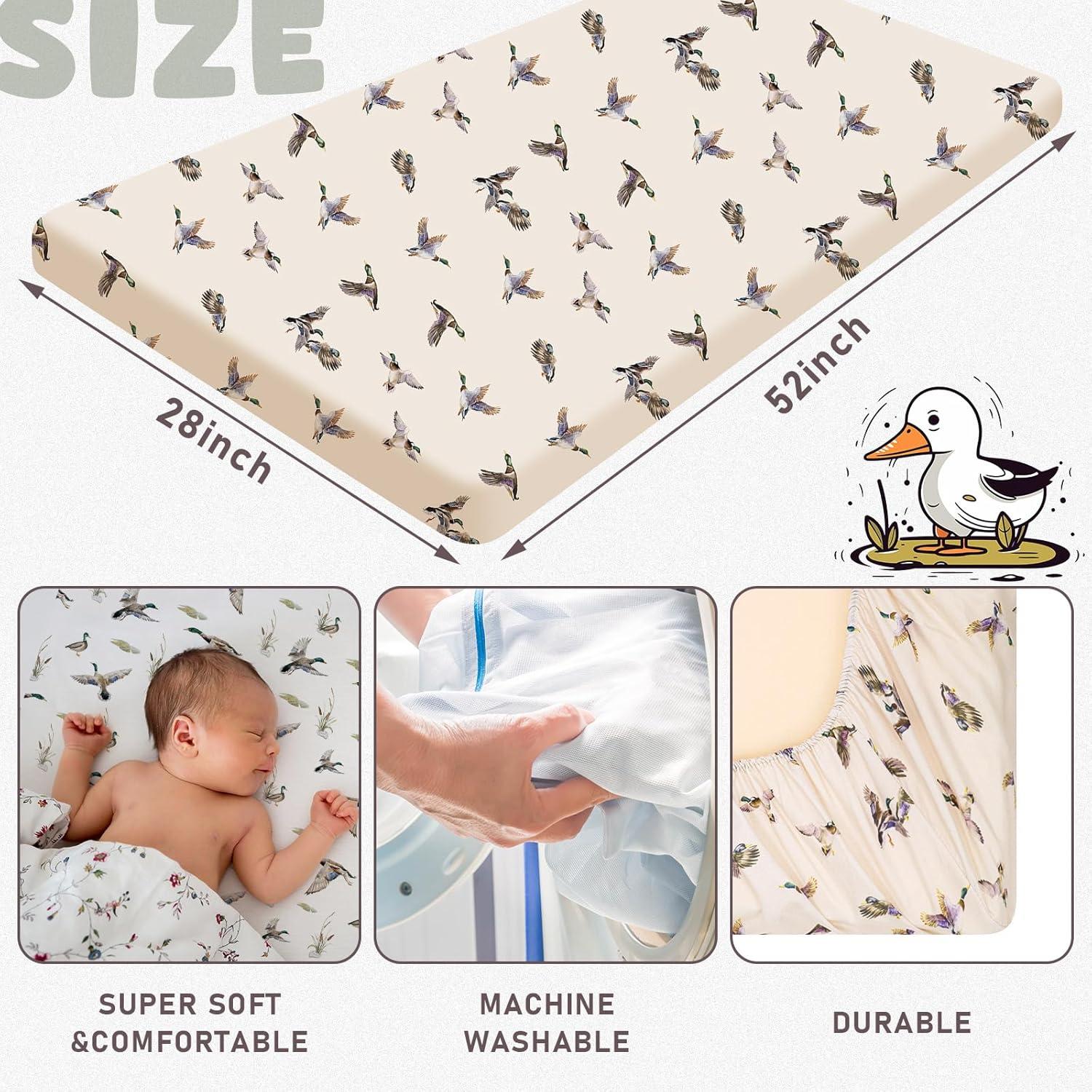 4 Pack Mallard Duck Baby Crib Fitted Sheet 52'' x 28'' Duck Hunting Stretchy Neutral Fitted Crib Mattress Sheet Mallard Baby Bedding for Standard Mattress Gift Set
