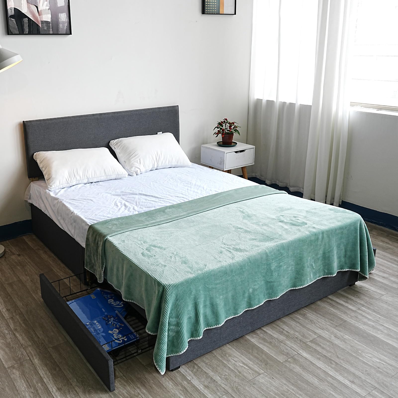Panana Platform Bed Frame with/without Storage Drawers & Height Headboard, Grey Linen Fabric Divan Bed, Mattress Foundation with Metal Slats (5FT King, with Headboard, 2 Drawers)