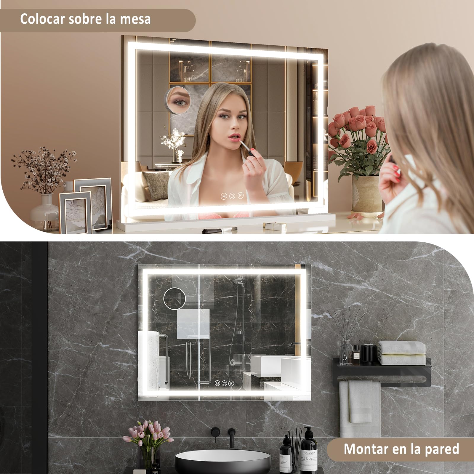 YU YUSING Espejo Maquillaje con Luz, 70x55cm, 3 Modos Iluminación Regulables, Espejo Tocador Grande, Espejos de Mesa, Cargador USB, 10x, Vanity Mirror Tocador Dormitorio, Controles Táctiles, Blanco