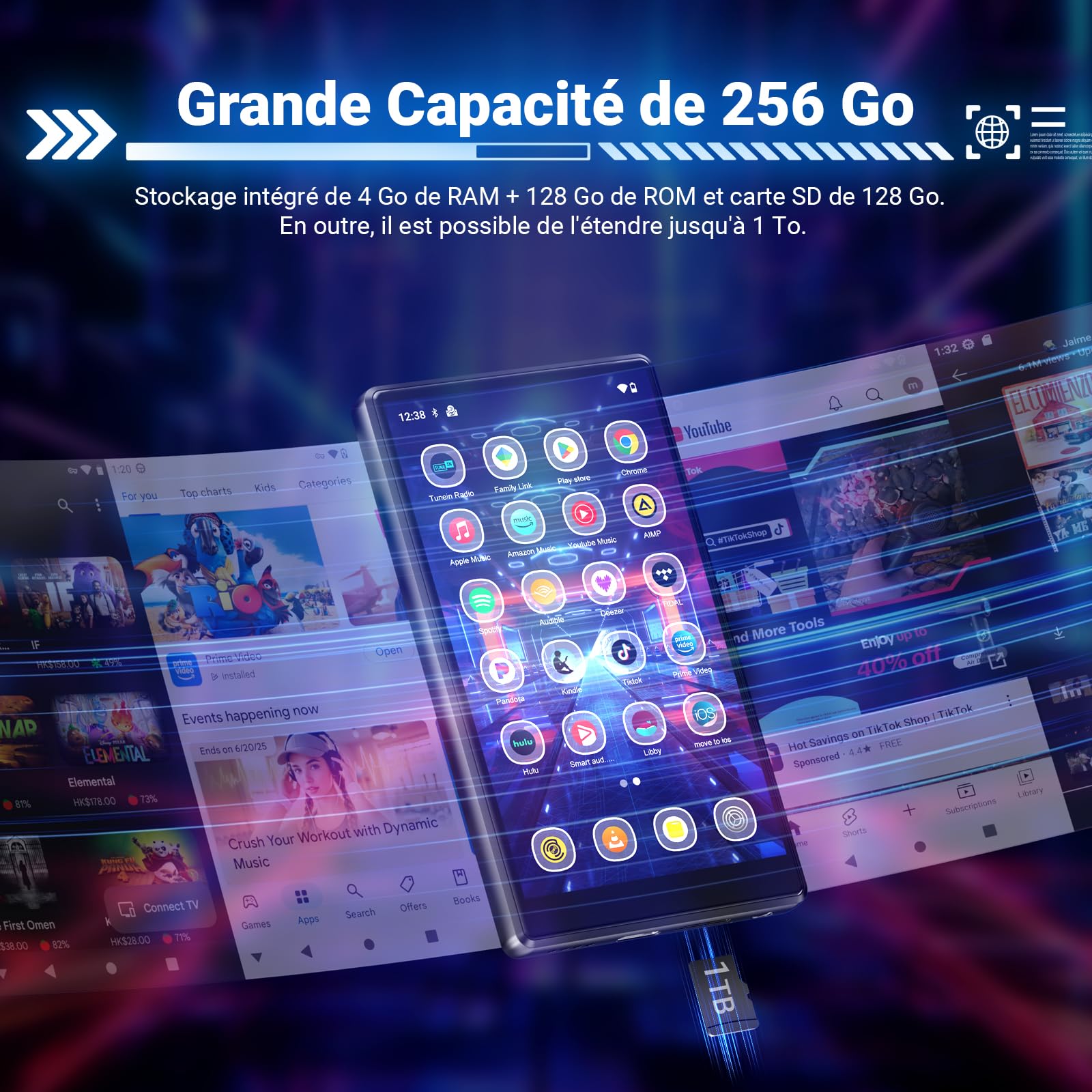 MECHEN Lecteur MP3 Spotify 256 Go Bluetooth WiFi, Android 13 et Streaming Wi-FI, écran IPS 5,0" 1080P, Audible Deezer Amazon Music Préinstallé (X56)