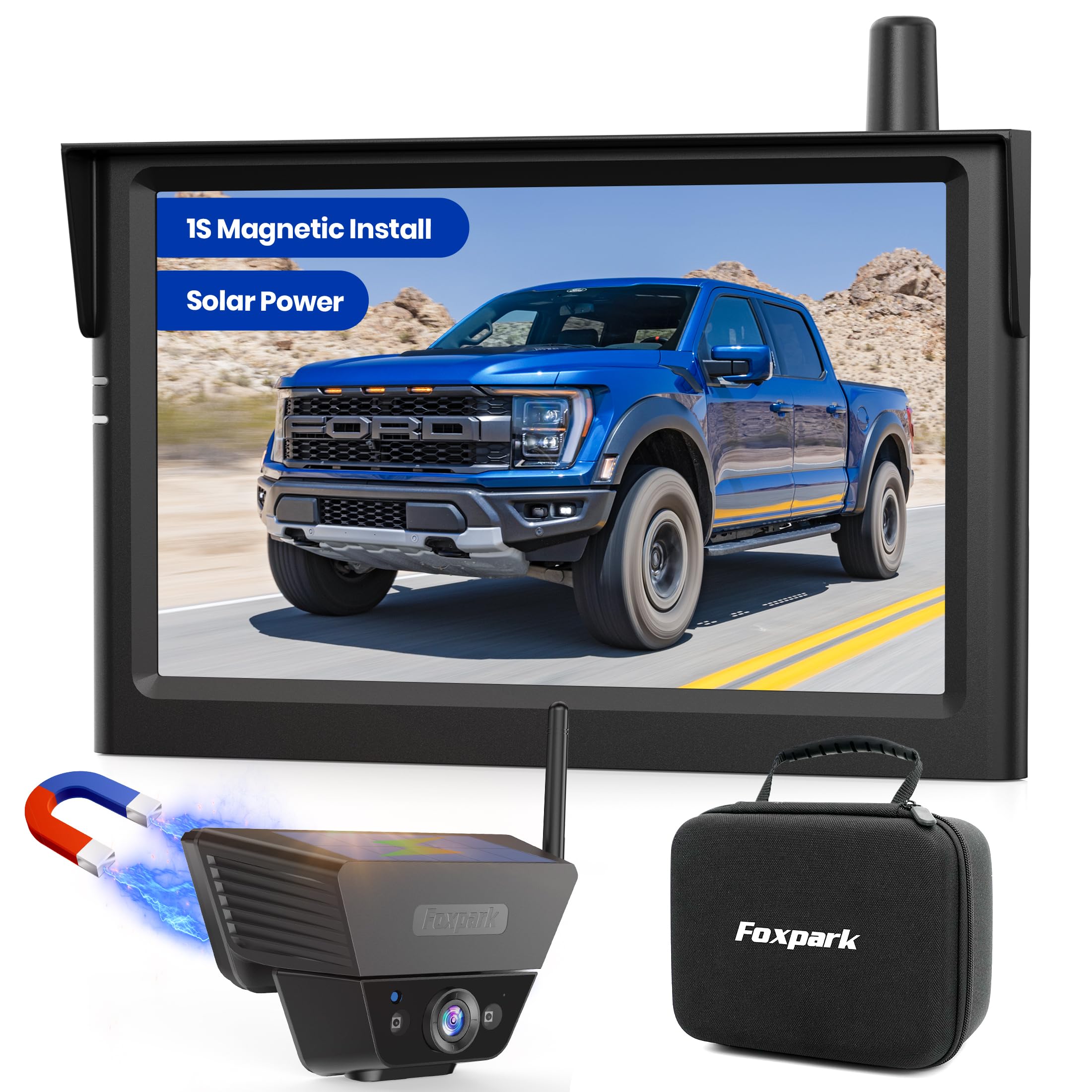 FOXPARK Wireless Backup Camera Solar Magnetic: 5 Inch Anti-Glare HD 1080P Screen, 1Min Quick Magnetic Install, Strong Signal, IP69K Waterproof Back up Camera with Storage Bag for Car, SUV, Truck