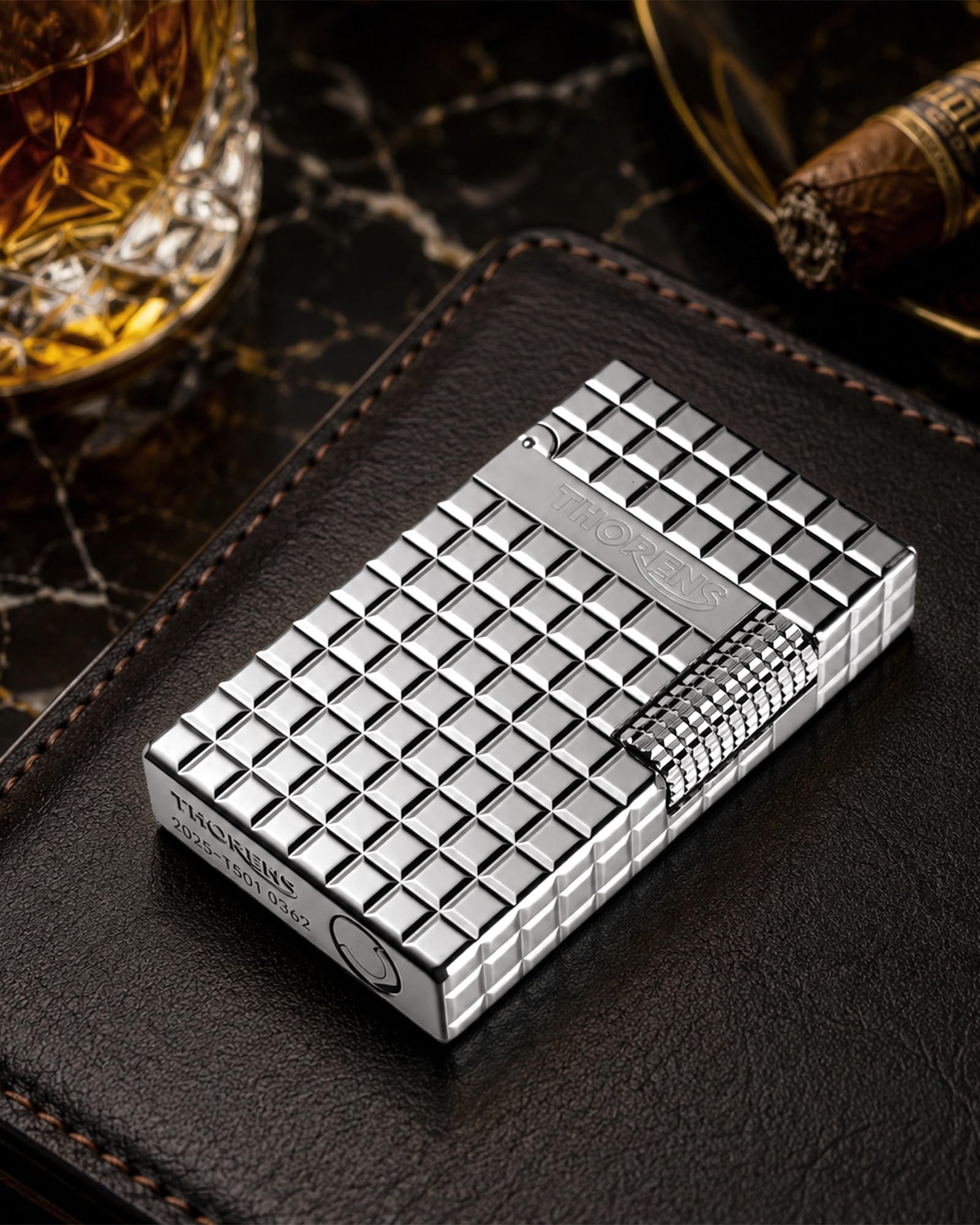 THORENS Argent Blocks Silber Benzinfeuerzeug, Messing, Side-Slide | Klassik-Retro, klarer Klang, Vintage, offene Flamme, nachfüllbar, Reibrad, Unikat Flip-Fluid-Lighter, Luxusgeschenk, graviert