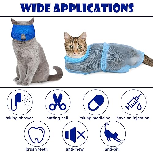 Miniatura 4 de Juego de 5 bolsas de baño para gatos, bolsa de aseo para gatos, bolsa de red ajustable para ducha de mascotas, bozales para gatos, antimordeduras,