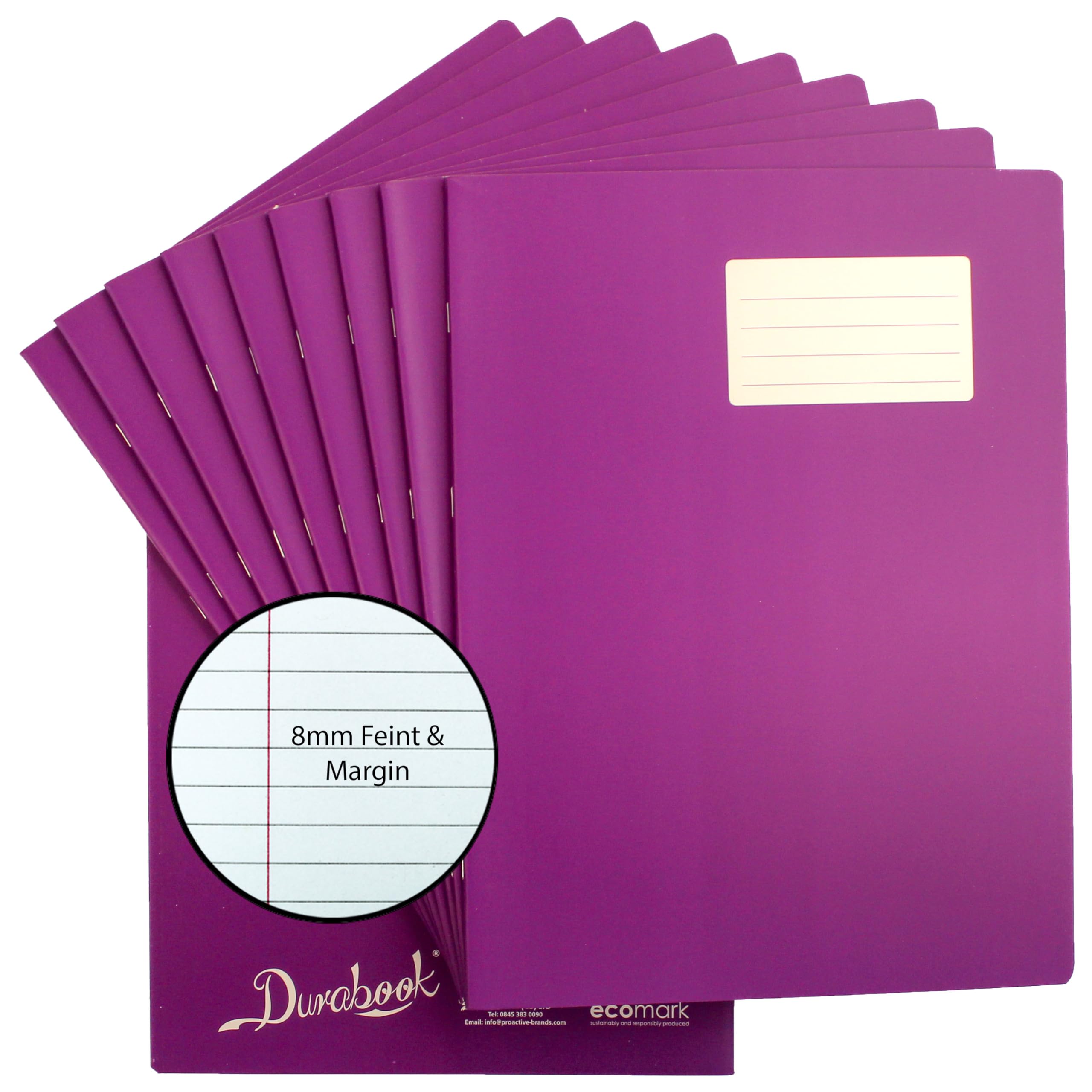 Durabook A4+ 8mm F&M Purple Exercise Books Pack of 10, 80 Page School Exercise Book