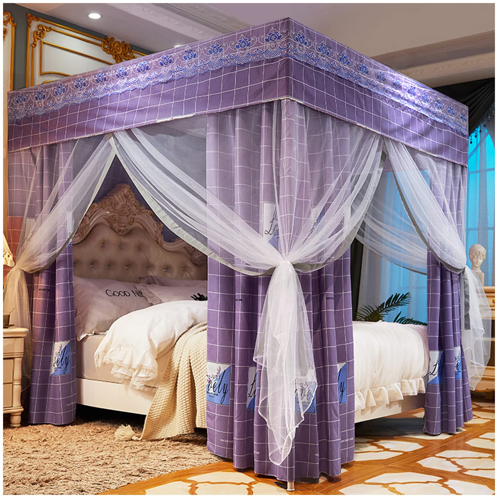 Baldaquin rose à quatre coins pour lit King Size et décoration de chambre fille