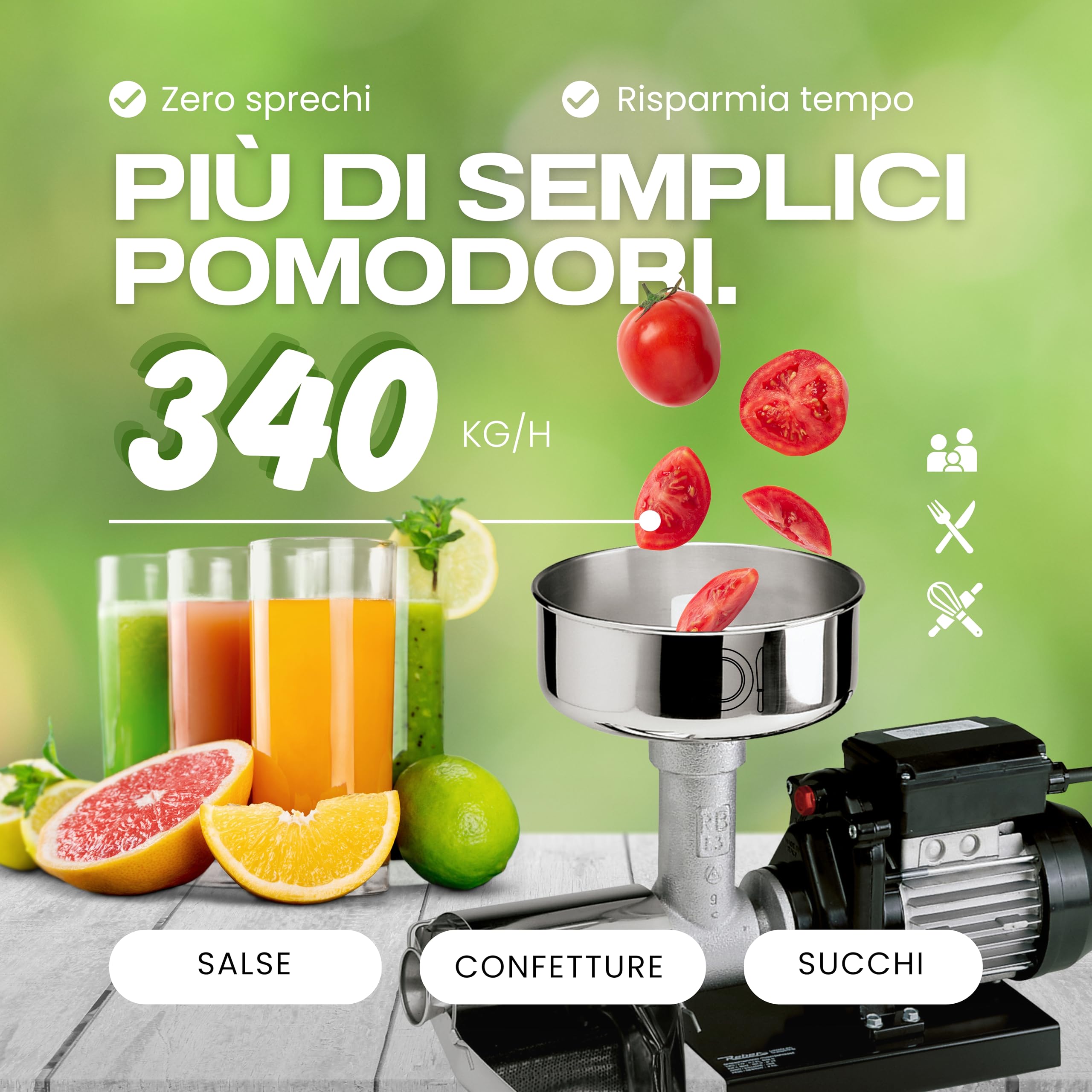 Reber Spremipomodoro Elettrico N.5 500W per Salsa di Pomodoro e Conserve | per Marmellate e Succhi di Frutta, Produzione fino a 340 Kg/h, Accessori in Acciaio Inox, Motore a Induzione per Uso Continuo