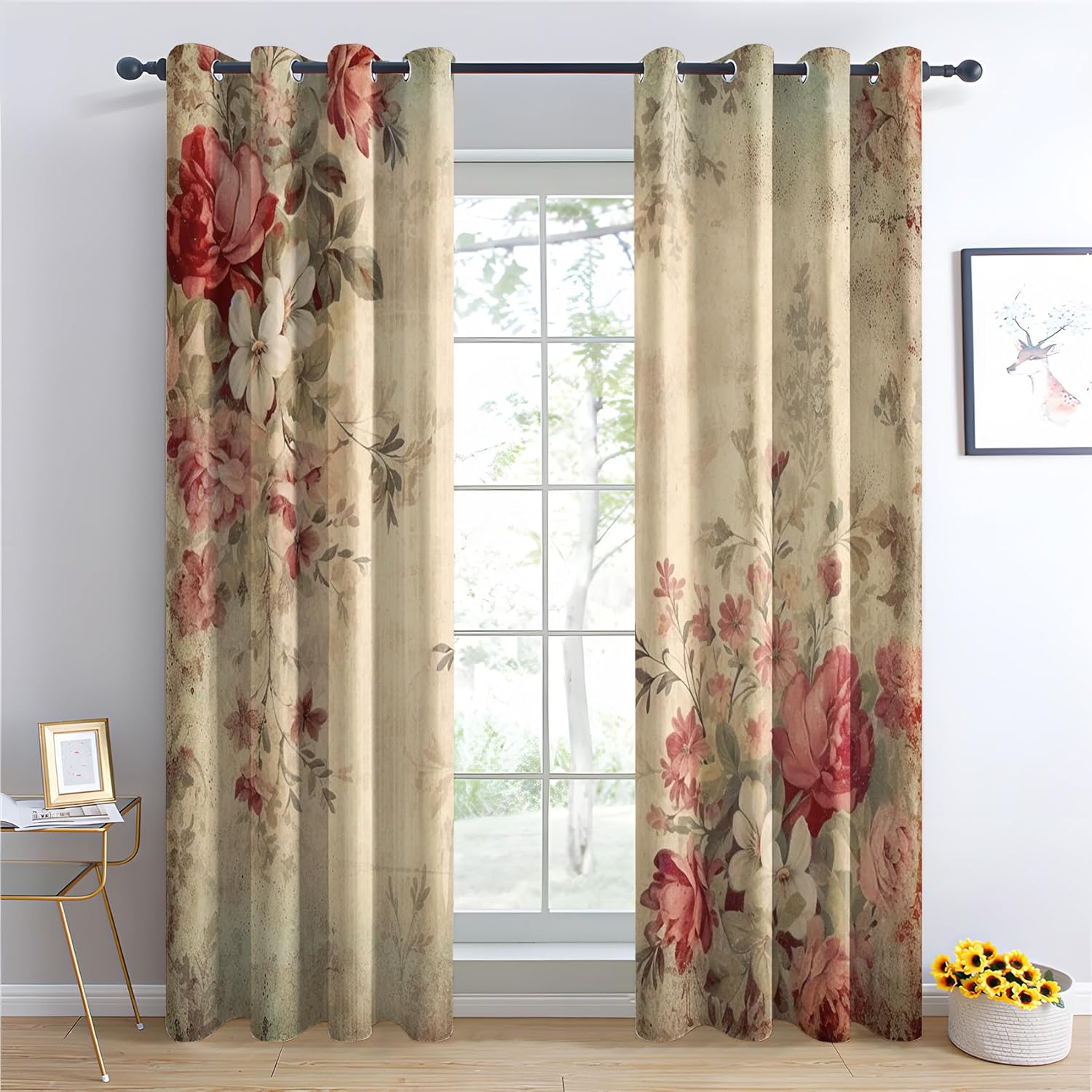 Vintage Floral Curtains, Rustic Flower Blackout Curtains 63 Inches Long, Country Style Curtains for Bedroom Living Room Decor, Thermal Insulated Grommet Drapes 2 Panel Sets