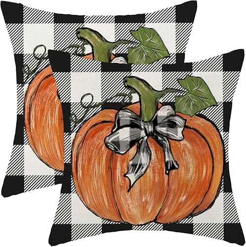 Gohdiwh Juego de 2 fundas de almohada decorativas de otoño de 16 x 16 pulgadas, diseño de calabaza naranja de lunares, fundas decorativas de lino