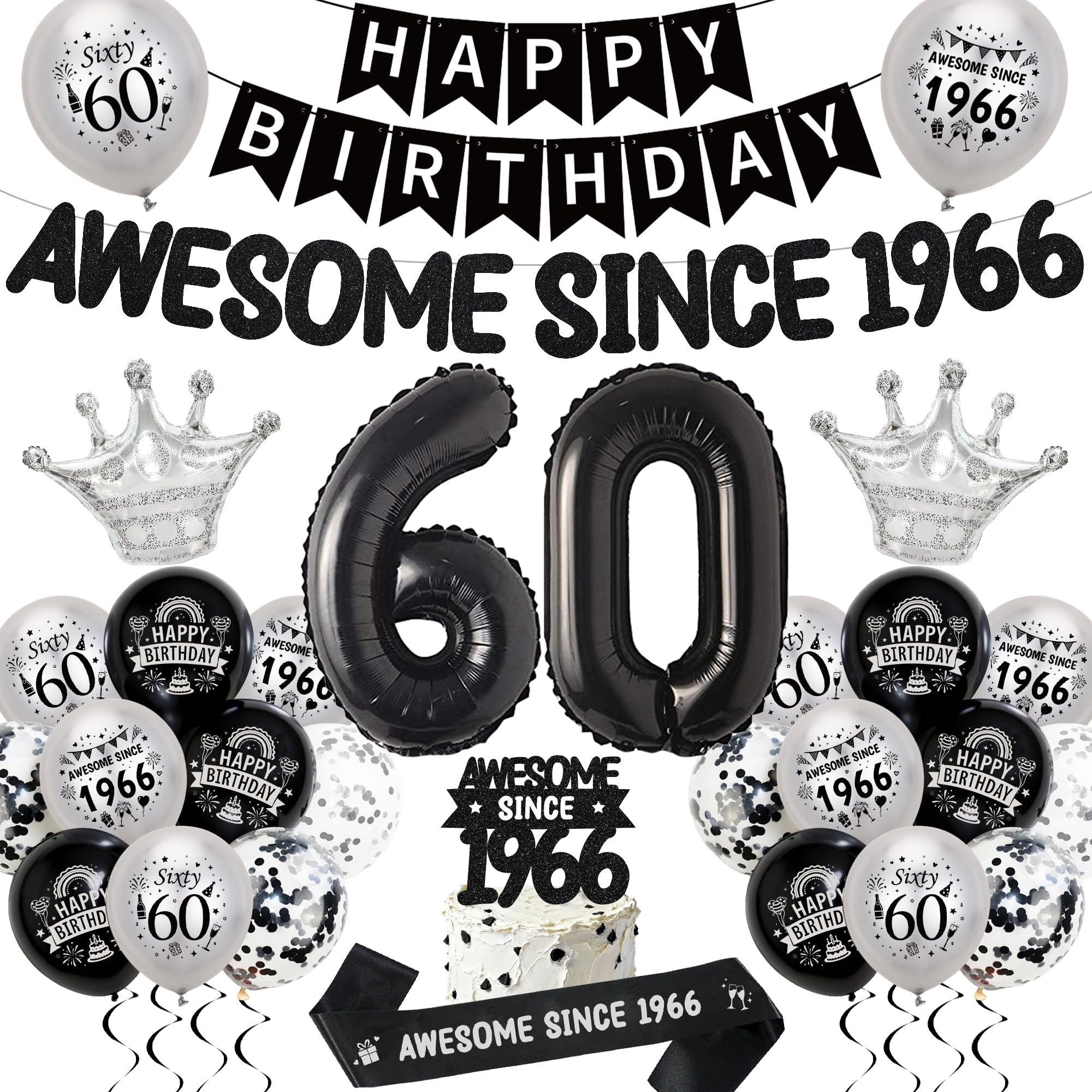 60th Birthday Balloons Decorations for Men Women, Awesome Since 1966
