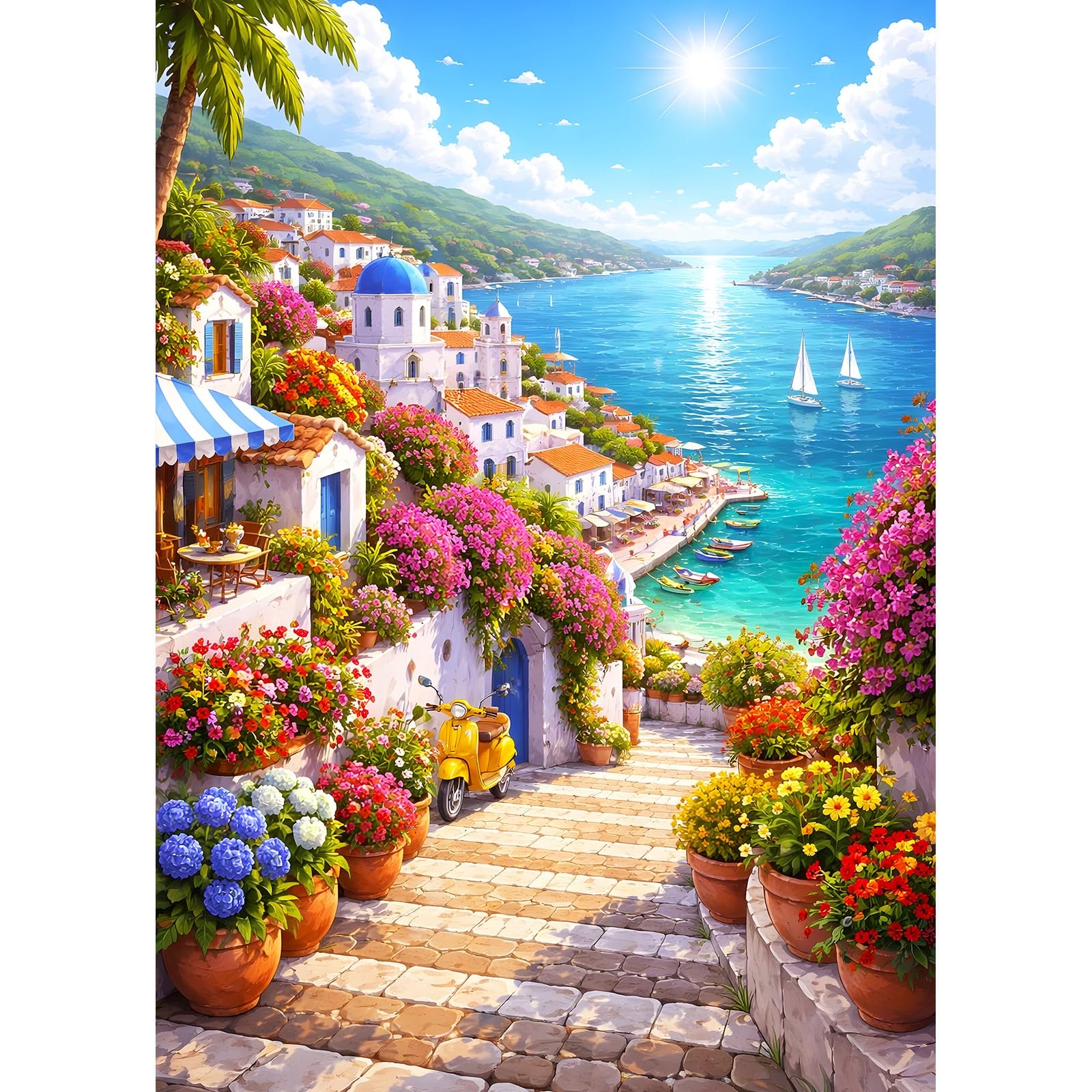 DPHERO Santorini Diamond Painting Kits for Beginners Adults,5D DIY Town Street Diamond Art Kits,Round Full Drill Wildflowers Art Crafts,DIY Painting by Numbers for Home Wall Decor 12x16 inch
