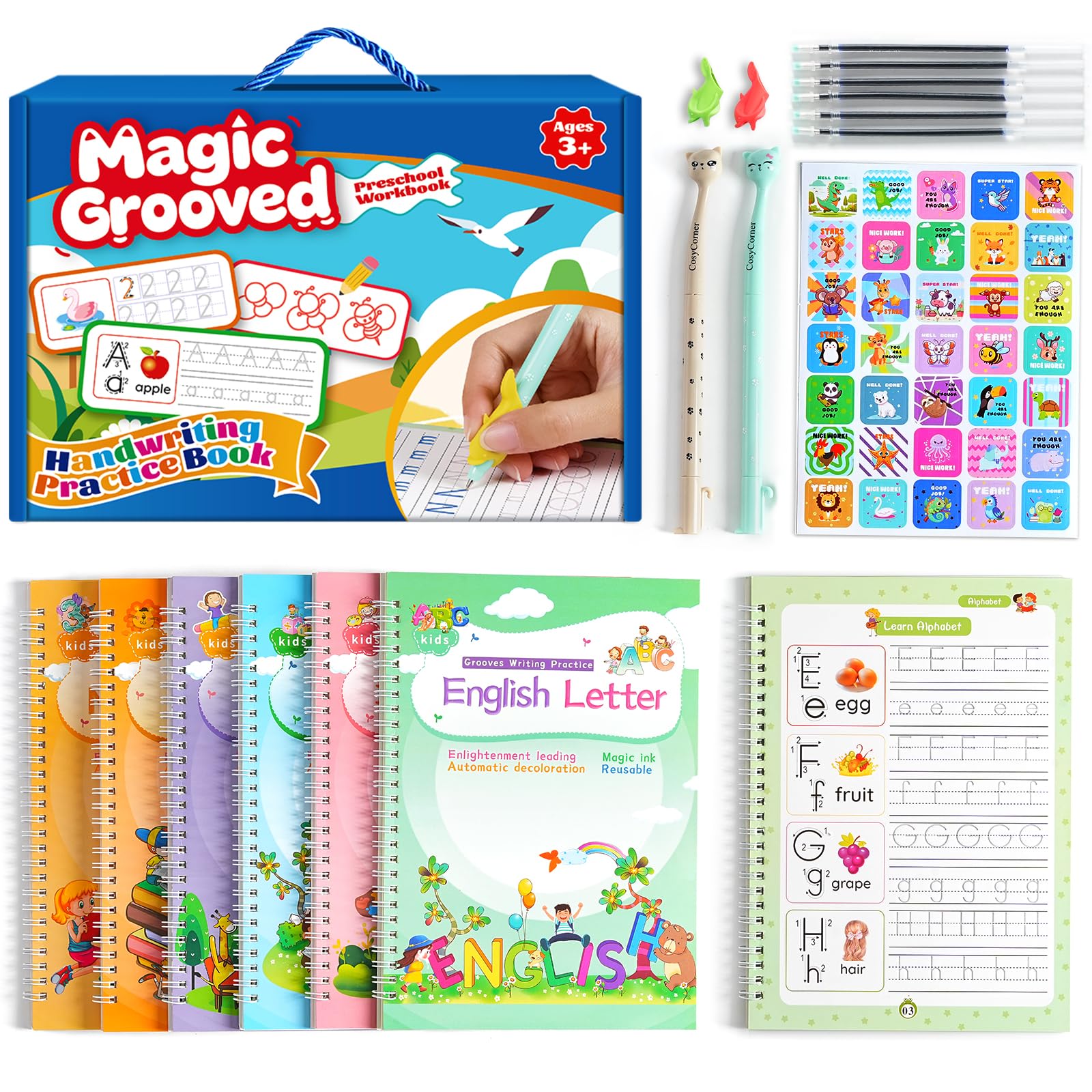 CosyCorner Magical Handwriting Workbooks Handwriting Practice Magic Copybook, Handwriting Aid Magic Pen Reusable Copybook Grooves Template Design for