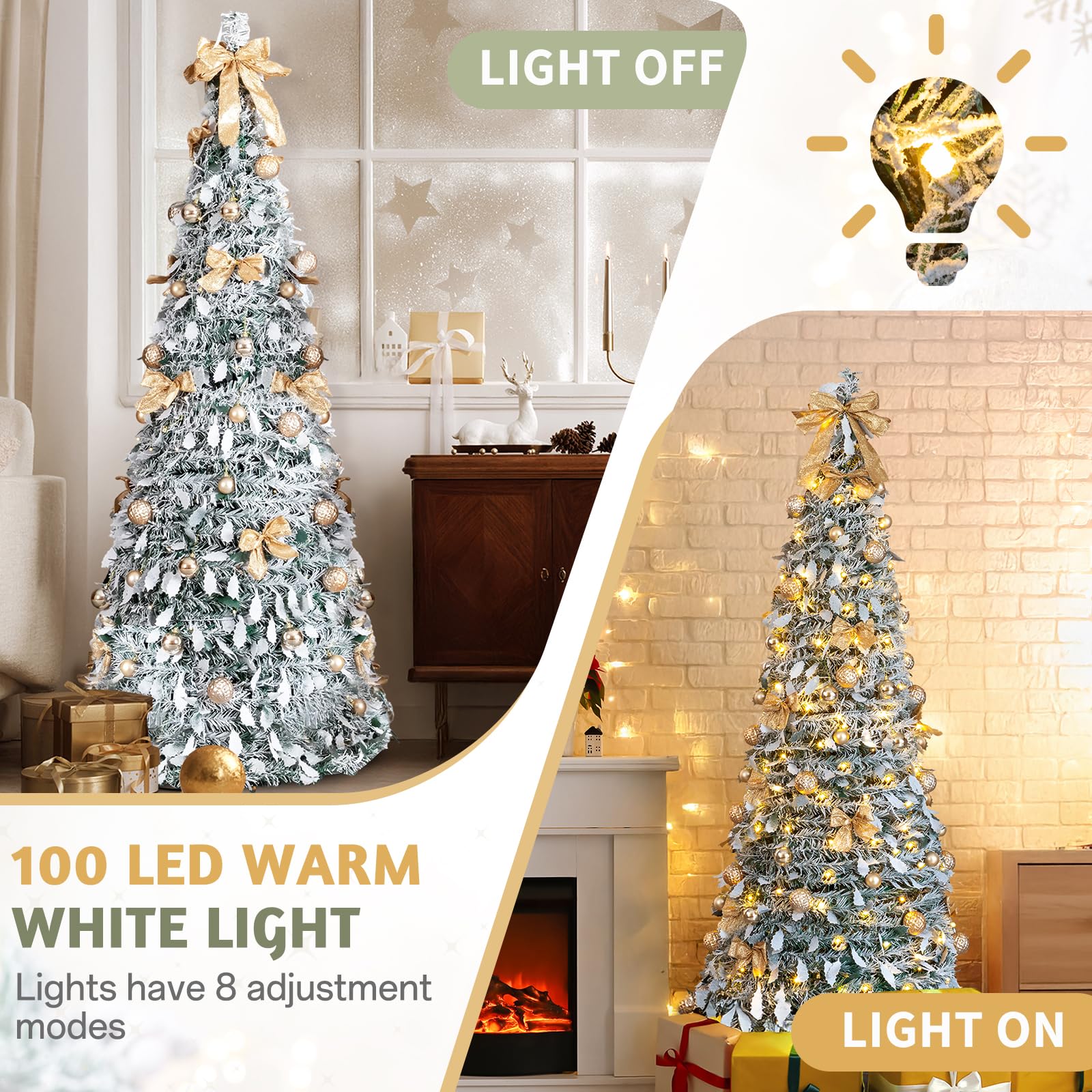 Karl home Sapin de Noël artificiel floqué de neige de 1,8 m avec 100 lumières chaudes et ornements dorés pour maison, bureau, magasin, décoration de vacances, vert neige