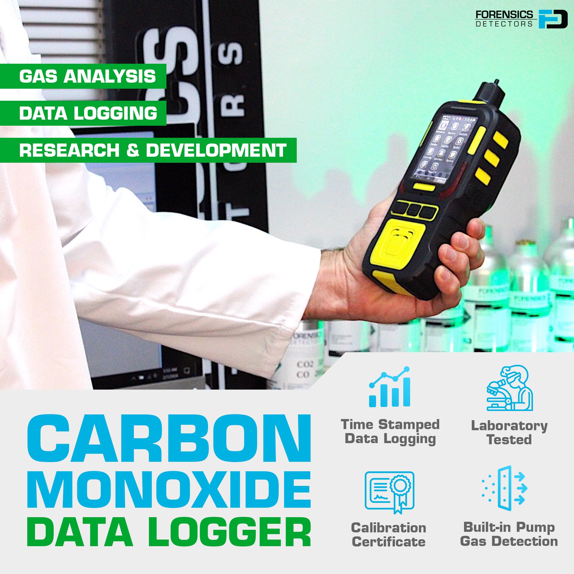 Analizador Registrador de Datos de Monóxido de Carbono | Certificado de Calibración EU | 0–1000 ppm CO