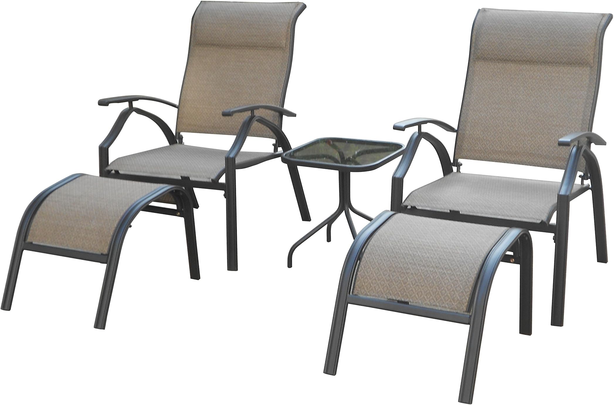 Astoria 5-Piece Patio Seating Set with Adjustable Sling Chair, Ottomans and Glass Table Top