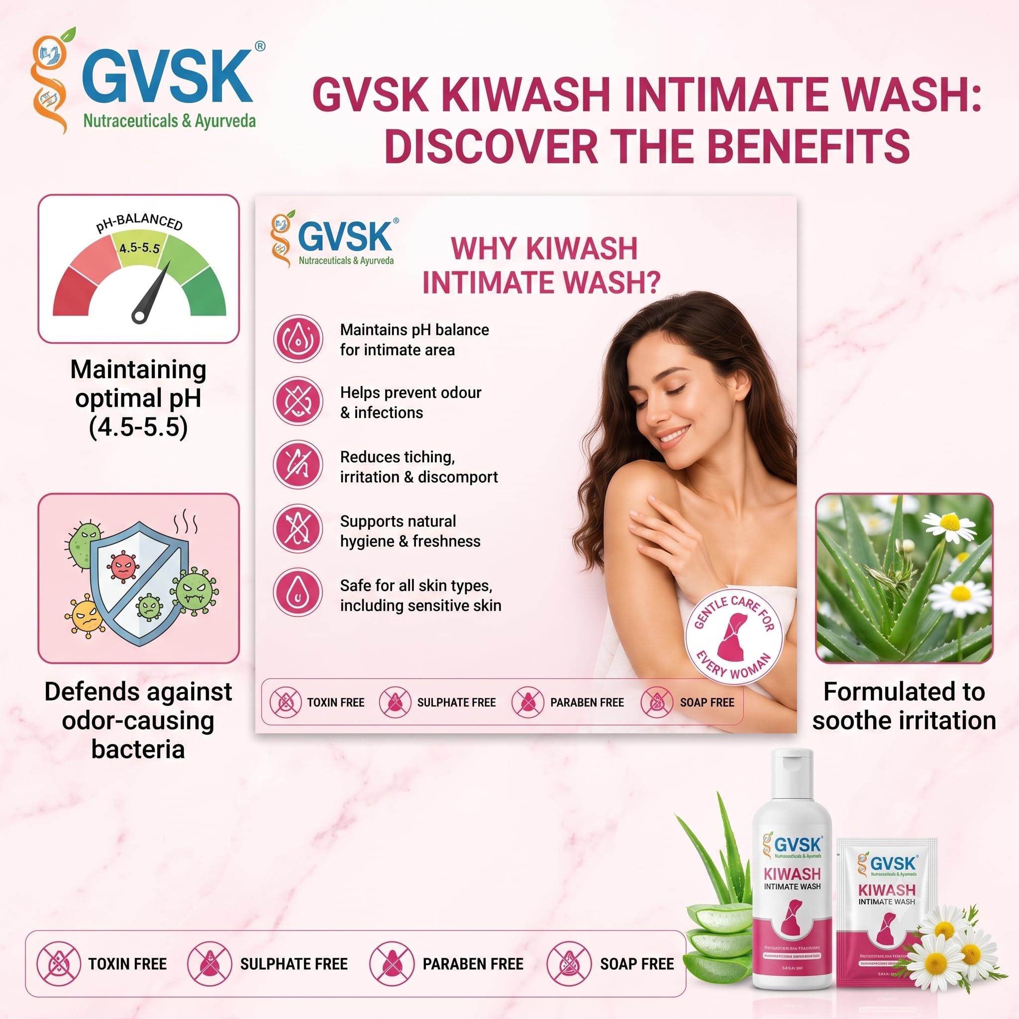 GVSK KIWash Intimate Wash for Women with Curcumin, Aloe Vera, Tea Tree Oil & Lavender Extract - pH Balanced Feminine Hygiene Cleanser for Odour, Itching, Irritation & Freshness - 30 Sachets x 5 ml 2