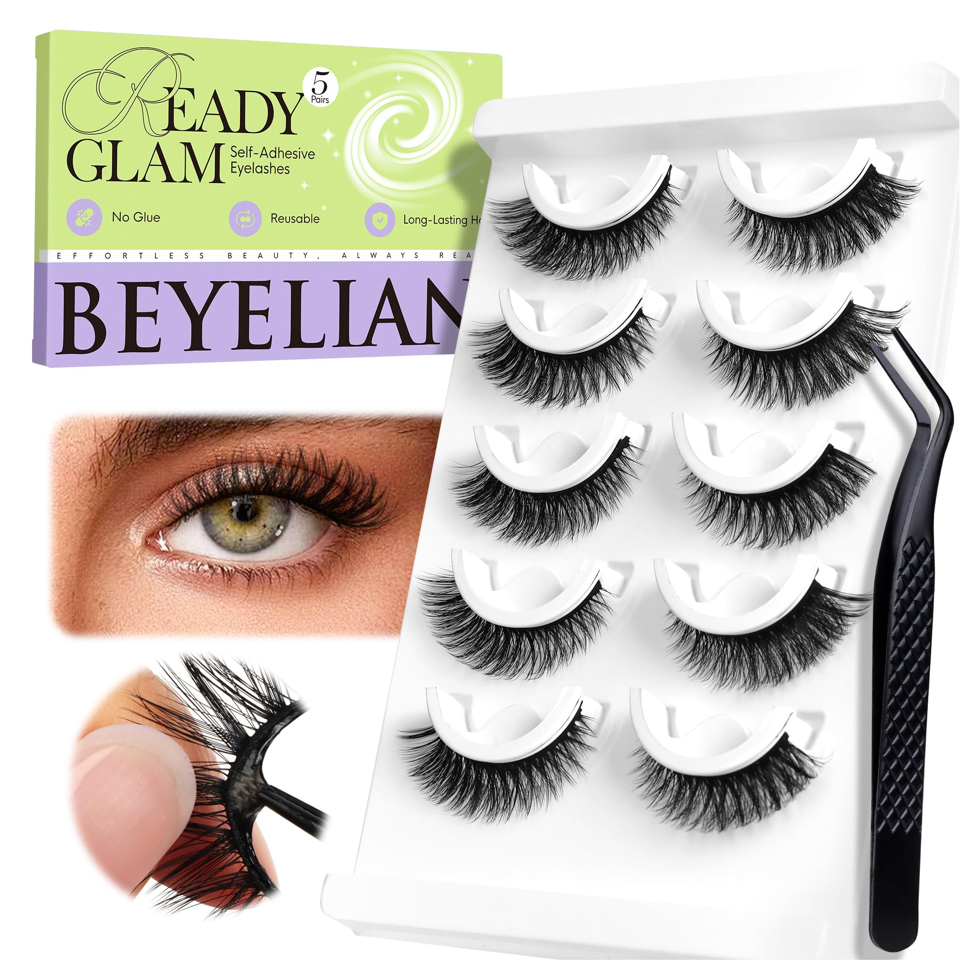 BEYELIAN Self Adhesive Eyelashes Natural Pre-glued Lashes No Glue Needed Eyelashes Cat Eye Lashes Reusable Self Adhesive Lashes