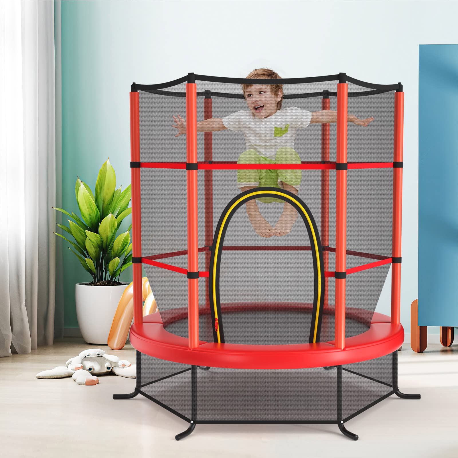 LIFEZEAL Trampolin Ø 165 cm mit Sicherheitsnetz, Mini-Trampoline Indoor, Gartentrampolin für Training & Unterhaltung, Kindertrampolin für Kinder von 3-6 Jahren