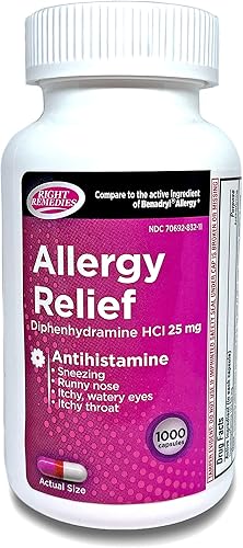 RIGHT REMEDIES Alivio de la alergia, antihistamínico, difenhidramina HCL 25 mg, cápsulas genéricas de benadryl, alivia las alergias estacionales en