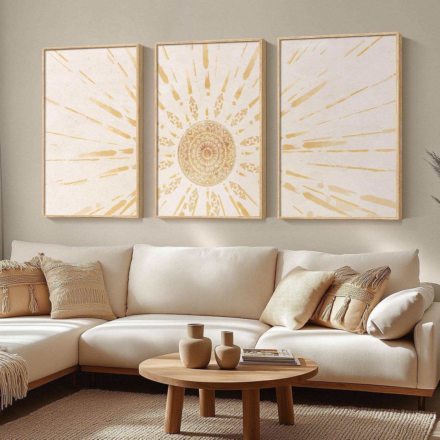 Large Framed Boho Sun Abstract Wall Art for Living Room, 3 Piece Bohemian Canvas Prints Paintings Artwork for Walls, Big Size Pictures for Hallway, Office Wall Decor 24x36 Inch