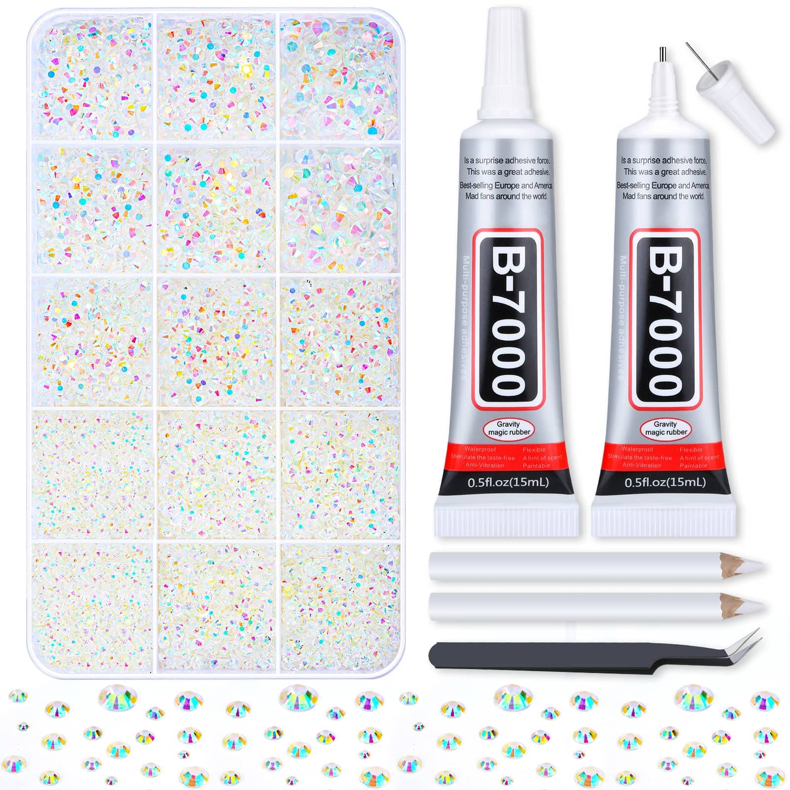 shynekB7000 Adhesive Glue with 14000Pcs Clear AB Rhinestones for Crafts, Crystal Rhinestones Flatback Resin Gems Bling Kit with Tweezer for Clothes Shoes, Tumblers Decoration