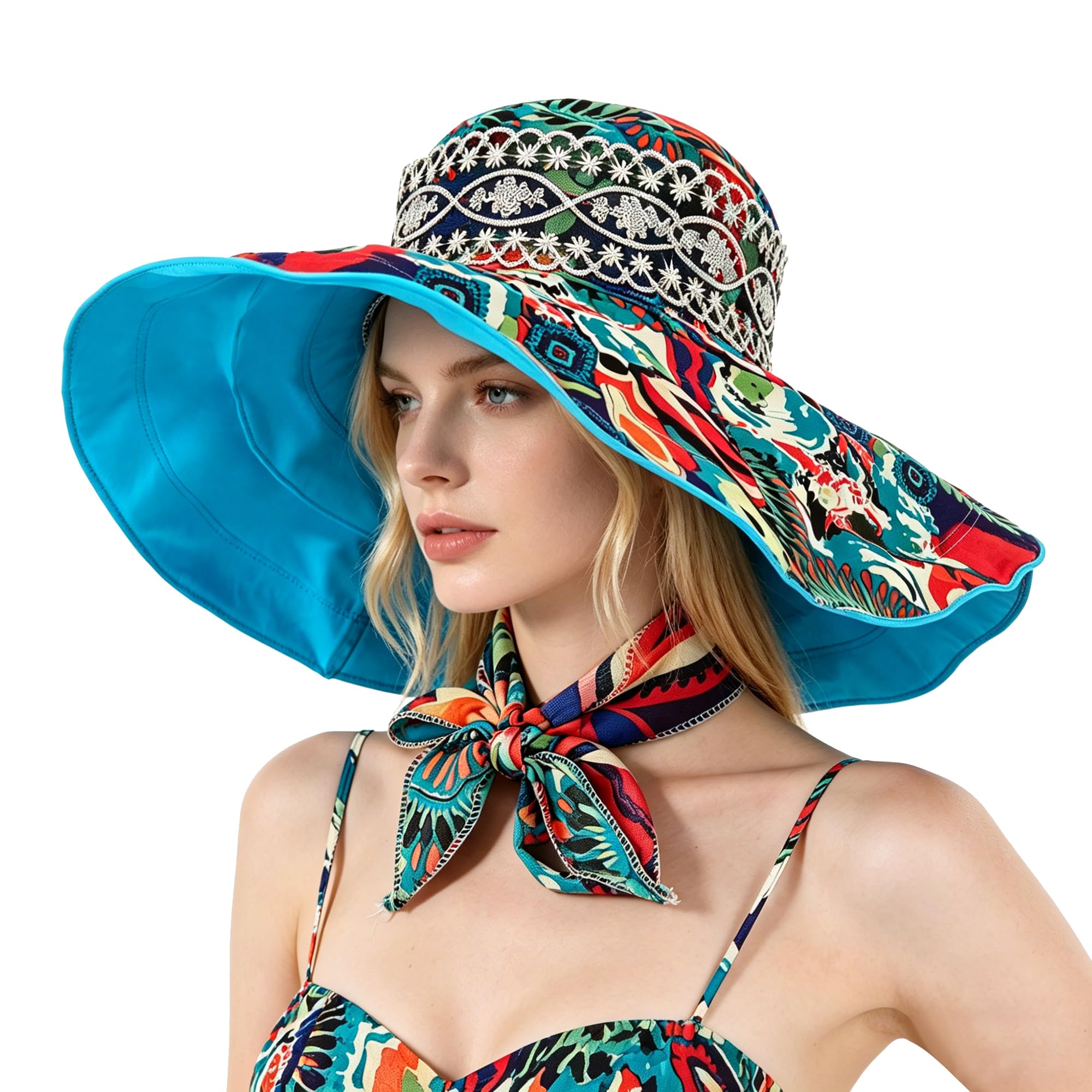 Cappello da donna pieghevole Floppy reversibile da viaggio spiaggia parasole cappello tesa larga UPF 50+
