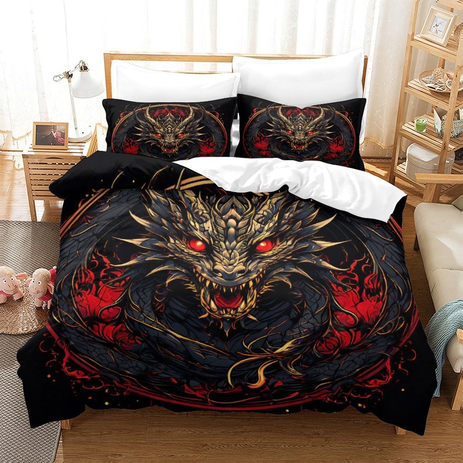 Qpirinmex Flying Dragon-4 Flying Dragon 3D Duvet Cover Sets, Quilt Cover Microfiber Bedding With Zipper Closure Winter Soft Comforter Cover Apply To Kids Youth 3 Piece Set Comfortable Room Decor King（220X240cm）