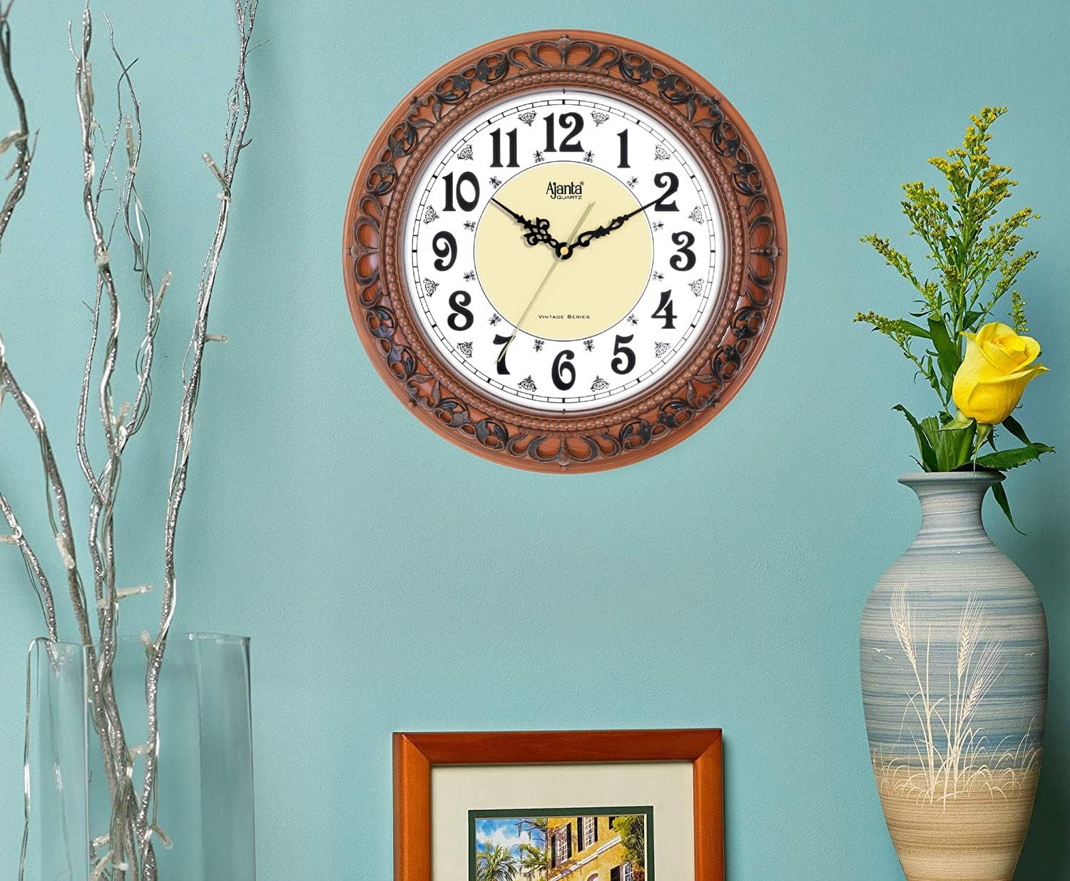 Ajanta Analog Wall Clock Quartz Plastic Silent Sweep Movement Vintage 14 Inches Analog Wall Clock for Home and Office, Teak