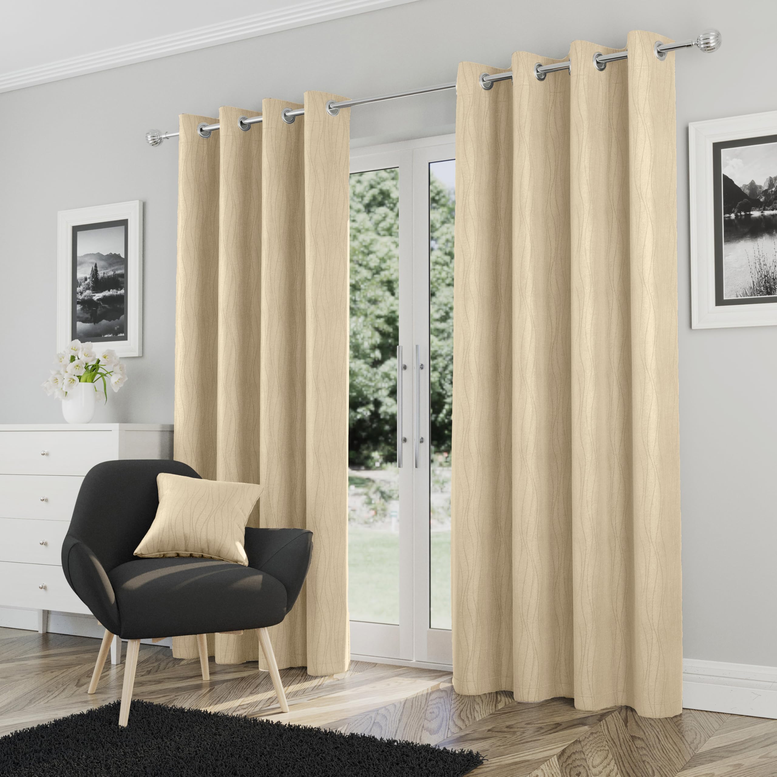 Enhanced Living Goodwood Eyelet Cream Curtains for Bedroom with Subtle Wave Pattern, 90x90 inch (229x229 cm)