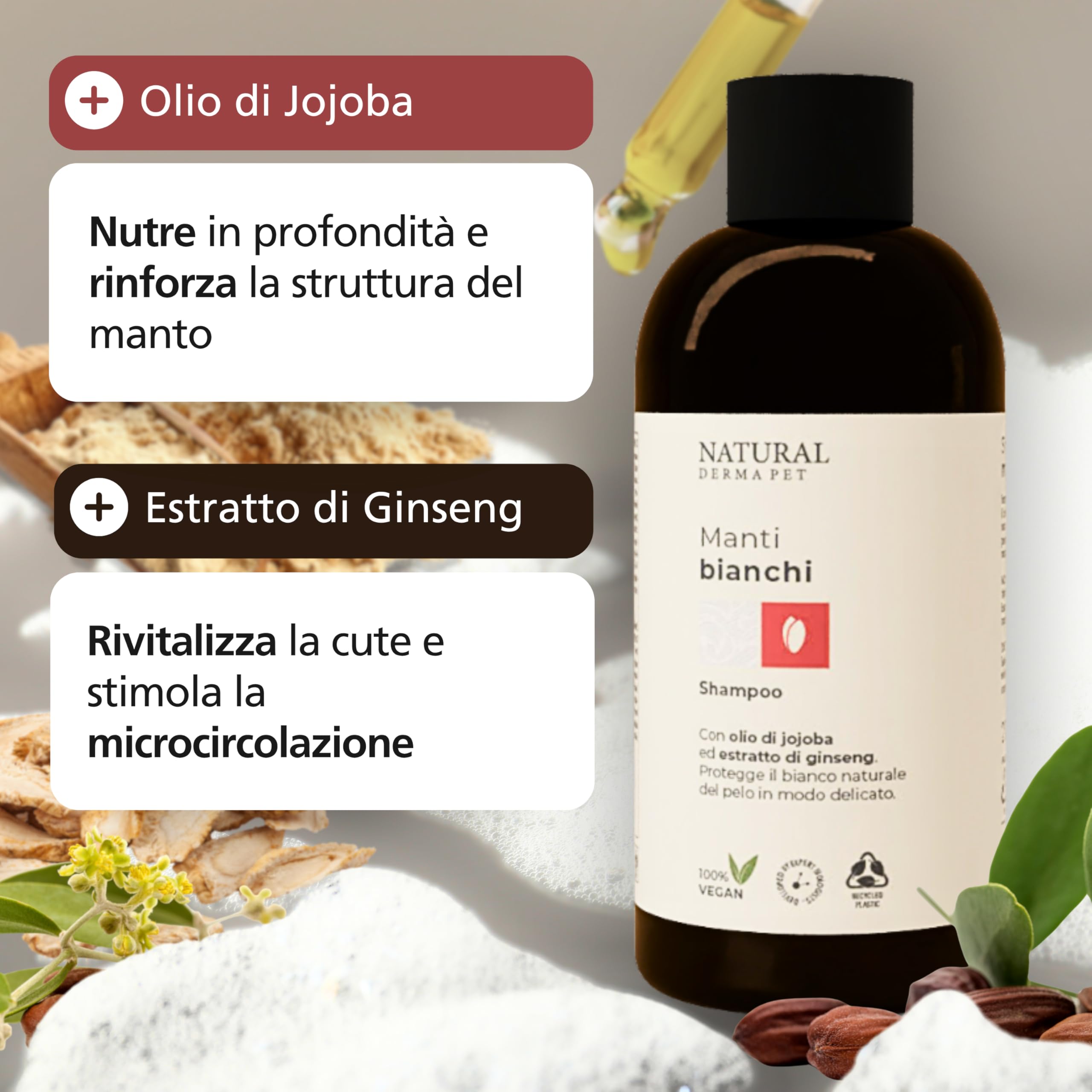 Natural Derma Pet Shampoo per Cani Pelo Bianco - Ideale per Tutti i Manti Chiari, Delicato sulla Cute per un Manto Sano, Morbido e Lucido - 200 ml - Made in Italy - 100% Vegan