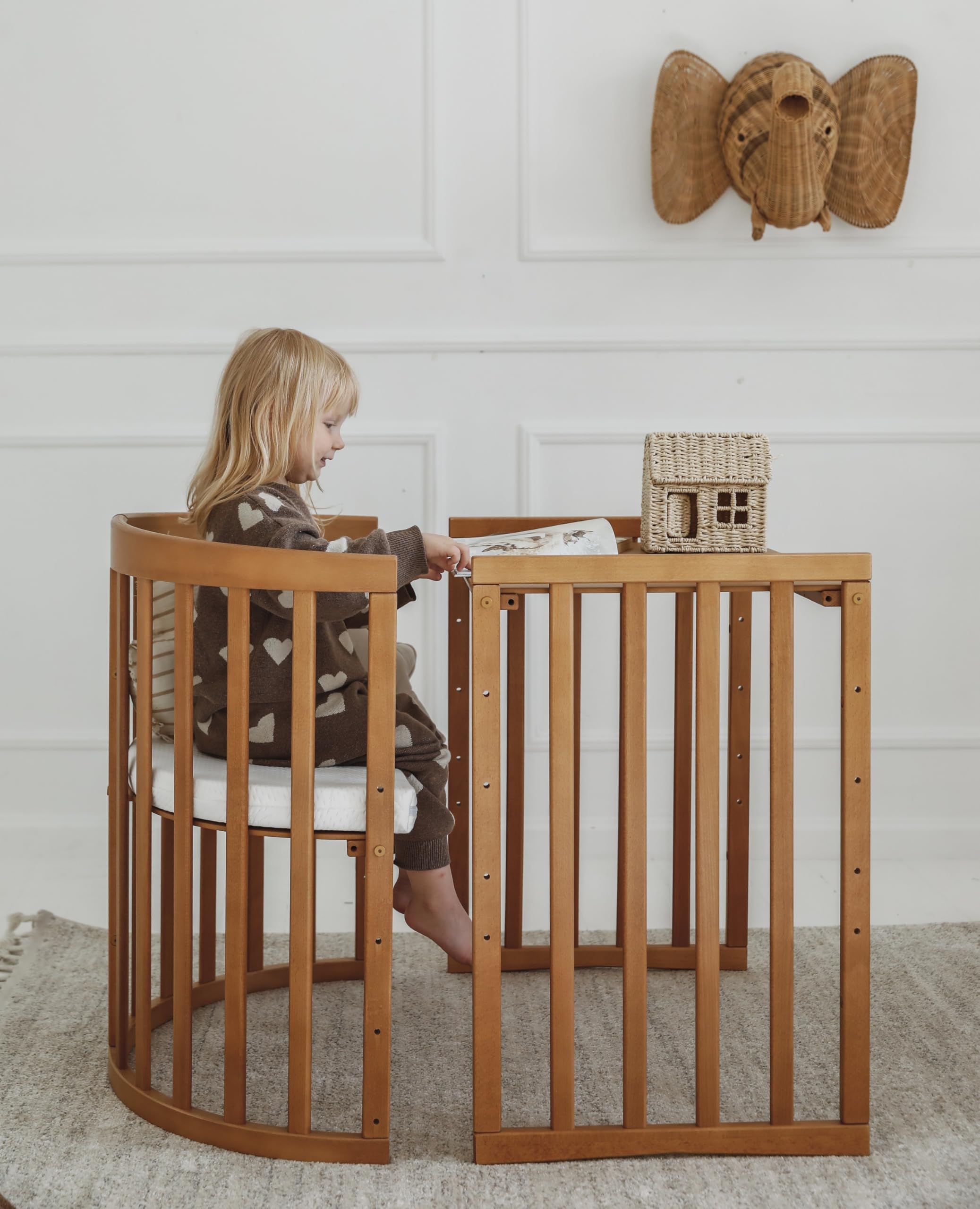 waldin Babybett 7in1, Matratze, Rollen, Regal, Vintage | Ohne Stoffset, Mitwachsend, Beistellbett aus Holz, Wiege optional