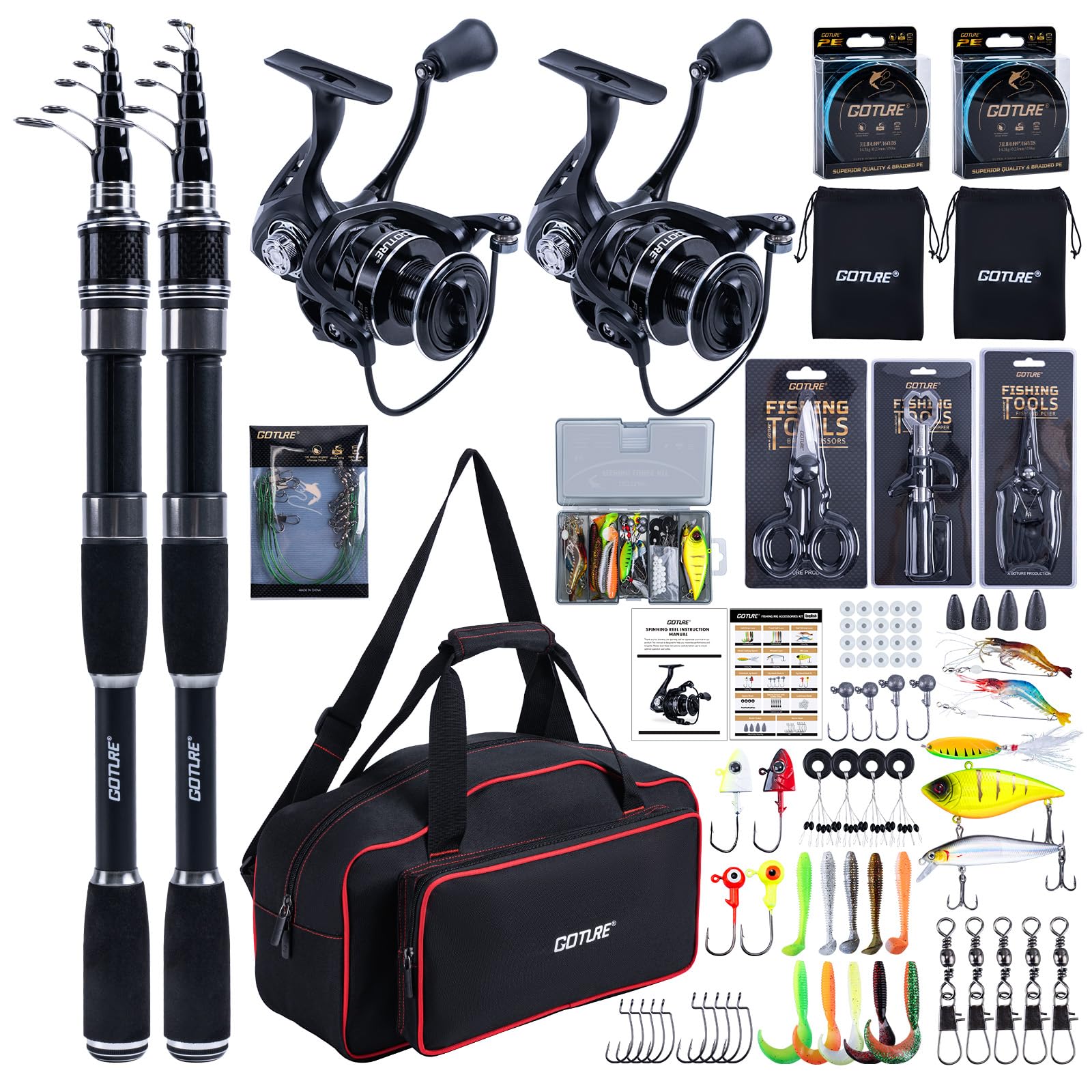 Goture Angelset mit 2 Teleskop-Angelruten, Angelrute Set Komplett 2 5.2:1 Spinnrolle (9+1 Bearing), Schnur, Köderbox & Tragetasche – für Salz-/Süßwasser, Reisen–Angelgeschenk