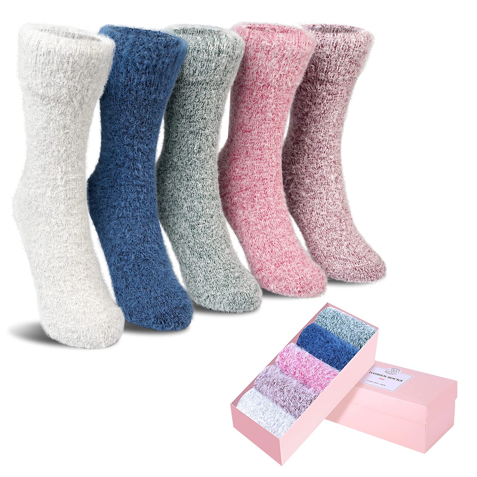 Fluffy Socks Gifts for Women Winter Warm Wool Thermal Bed Socks Ladies Stocking Fillers Presents for Women with Gifts Box, 5 Pairs, 4-9