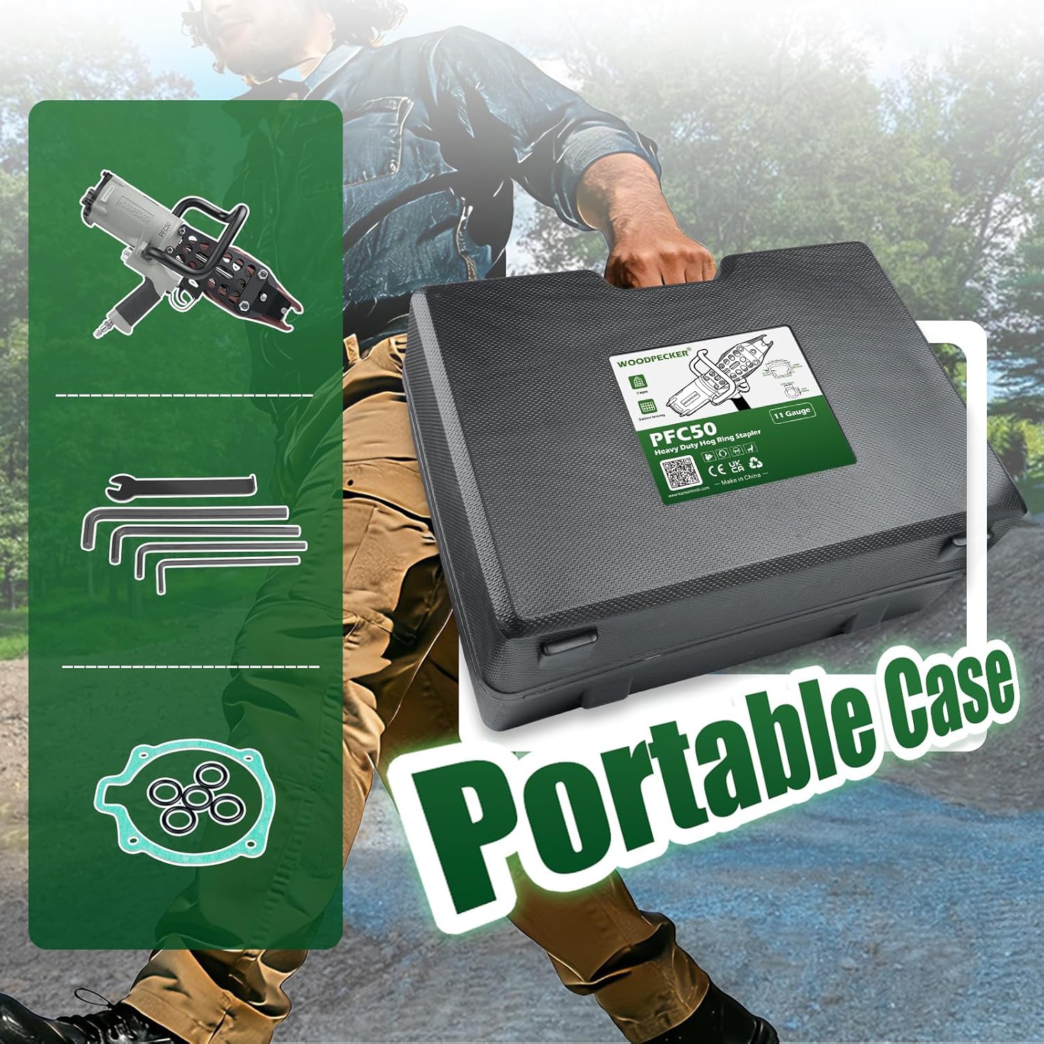 Woodpecker PFC50 Heavy Duty Pneumatic Hog Ring Gun for Gabion, 11 Gauge, 1 1/2'' Crown (38.7mm), 14mm Clousure Diameter, Comes with a Case, Air Hog Ring Plier Tool for Fencing, Cages