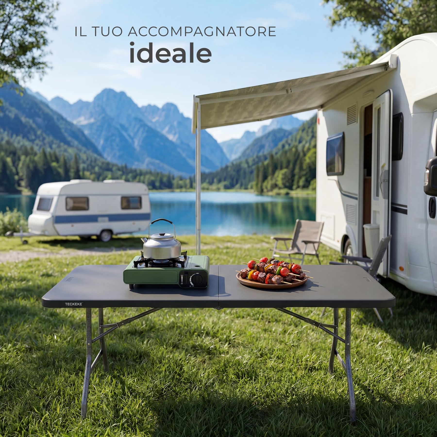 tectake® Tavolo da Esterno 180x70x74 cm, Tavolo Pieghevole a forma di Valigetta, Struttura in Acciaio, Blocco di sicurezza, Maniglia da trasporto, Tavolino da Esterno, Campeggio, Giardino - Antracite
