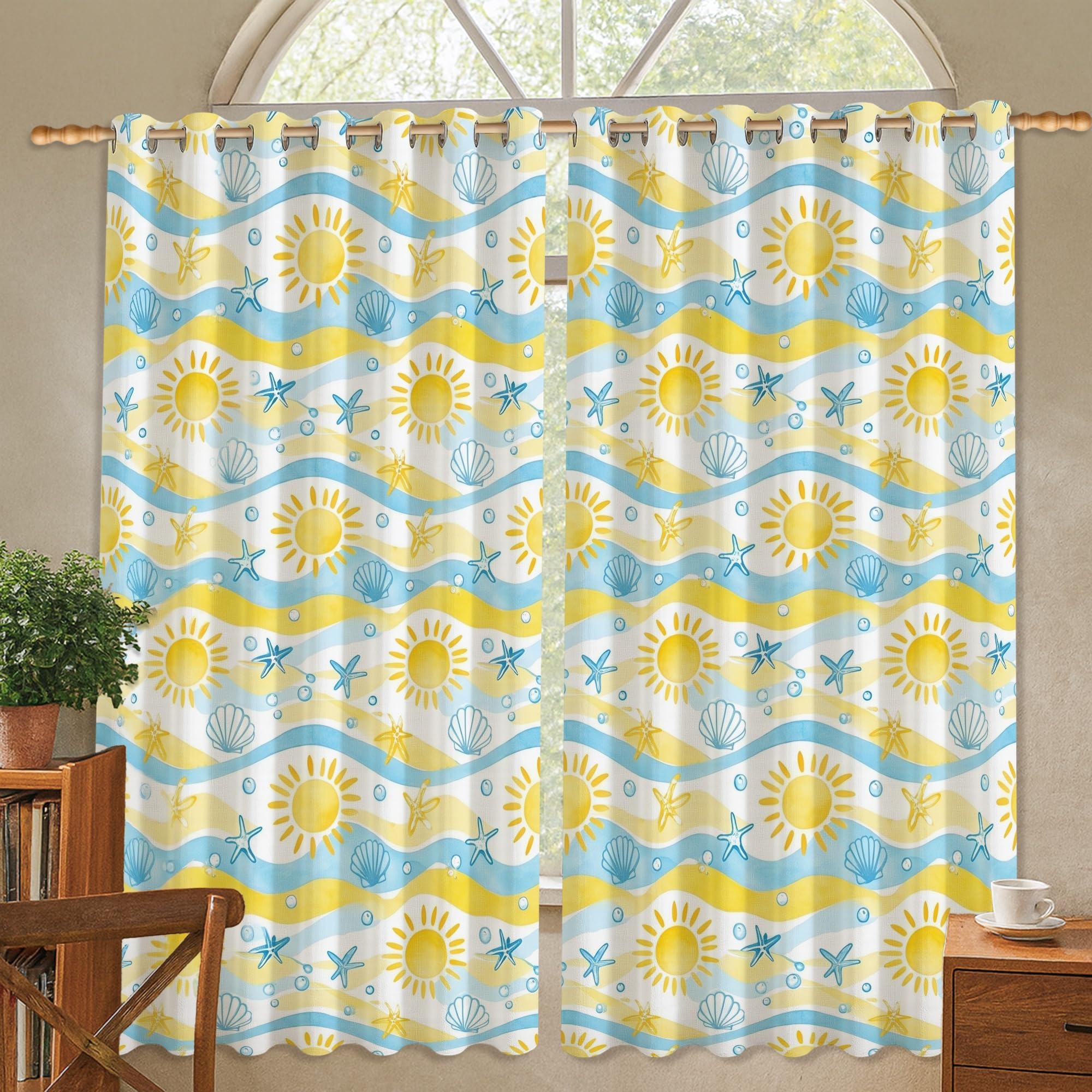 Rideaux occultants jaune d'été 132x137 cm avec motif coquillage pour fenêtre de bureau