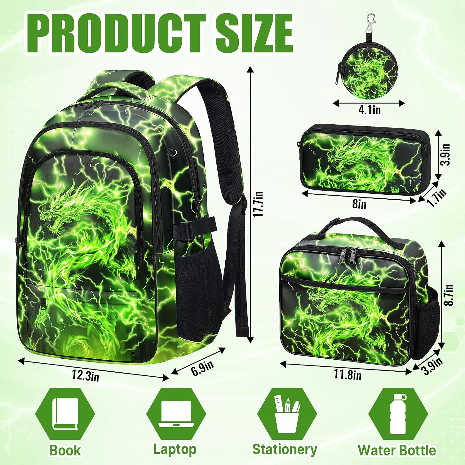 Boys Backpack with Lunch Box Set, 4 PCS Green Dragon Backpack for Boys, Elementary Bookbag, Large Laptop School Backpack for Kids & Teens