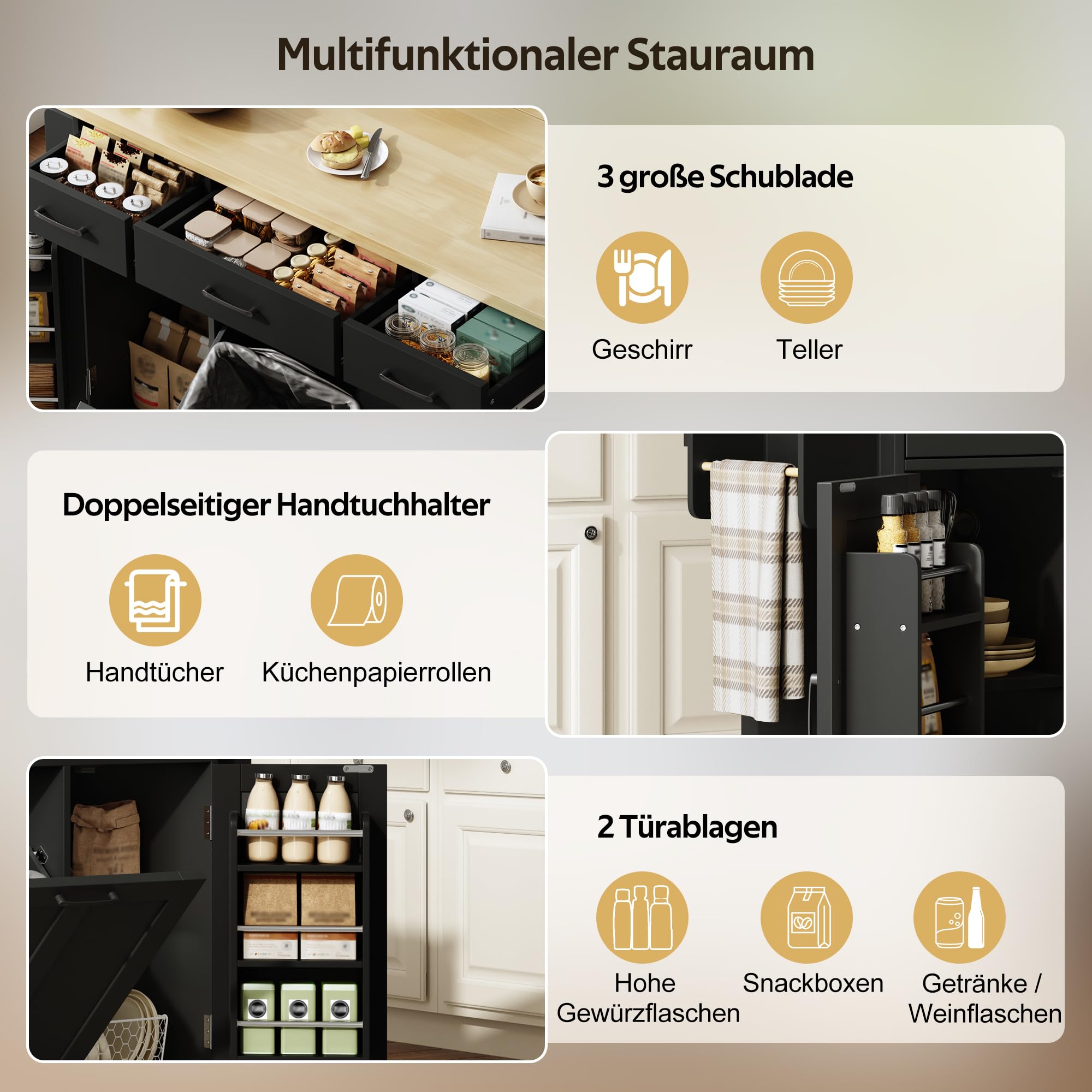 Küchenwagen, Kücheninsel mit Klapparbeitsplatte, Speisewagen Küchenschrank mit Rollen & Müllschrank, Mobile Buffetschrank Stauraumschrank mit Schubladen & Gewürzregal, 120x45(70)x87cm (Schwarz)