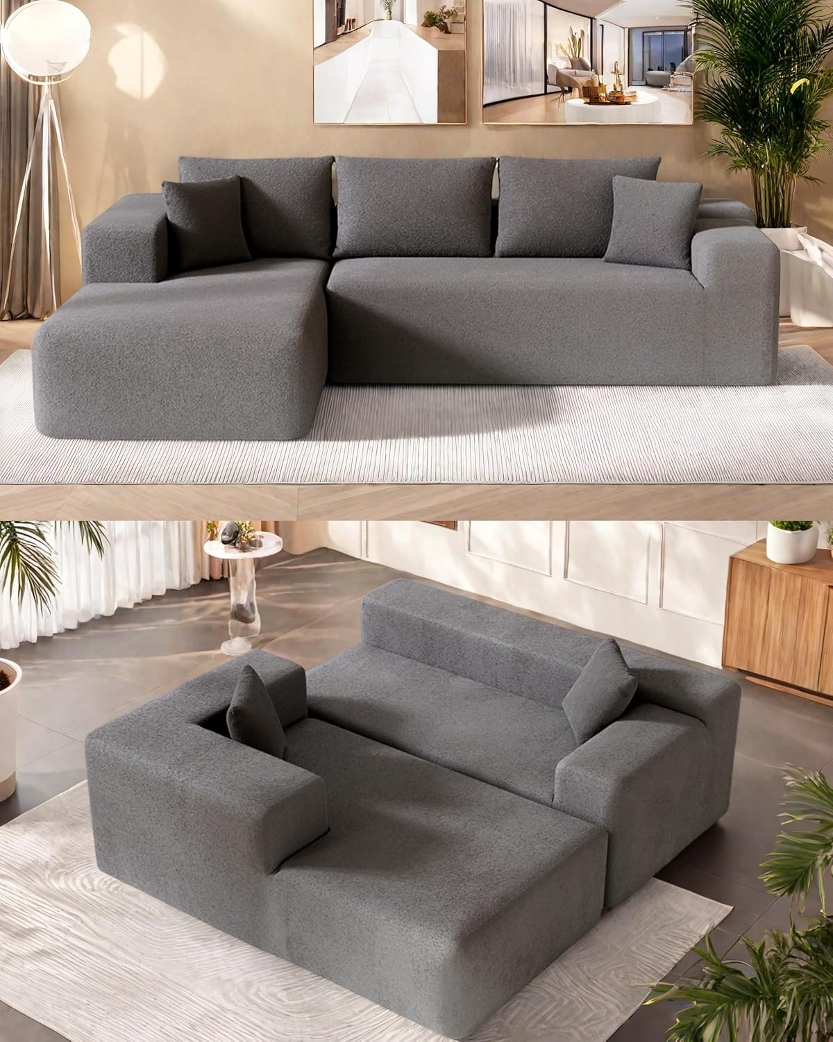 L-Shape Cloud Sectional Sofa, 104” Modern Modular Boneless Couch with Right Chaise Lounge, Compressed Floor Sofa with 5 Pillows & Deep Seat, Rain Drop Velvet Couch for Living Room, Light Gray Light Gray(rain Drop Velvet ) Right Chaise