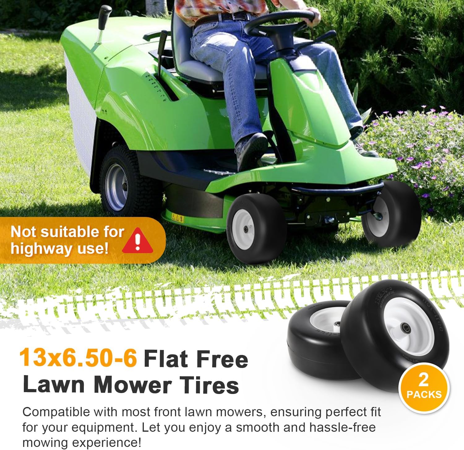 13x6.50-6 Flat Free Tire and Wheel with 3/4" & 5/8" Bearings, 13x6.50-6 Lawn Mower Tires for Zero Turn Mower, Riding Lawn Mower for Commercial Grade Lawn, 4"-7.2" Centered Hub (White-2 Pack)