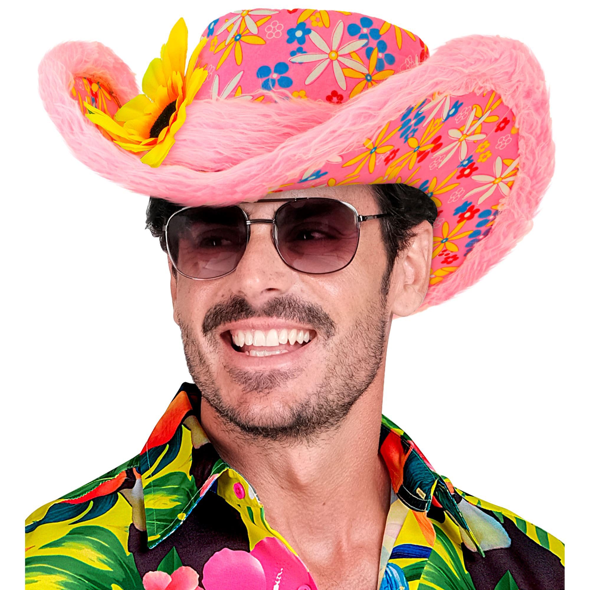 Ibiza with Plush Trim & Sunflower - Pink Hippie Hats Caps & Headwear for Fancy Dress Costumes Accessory - Image 3