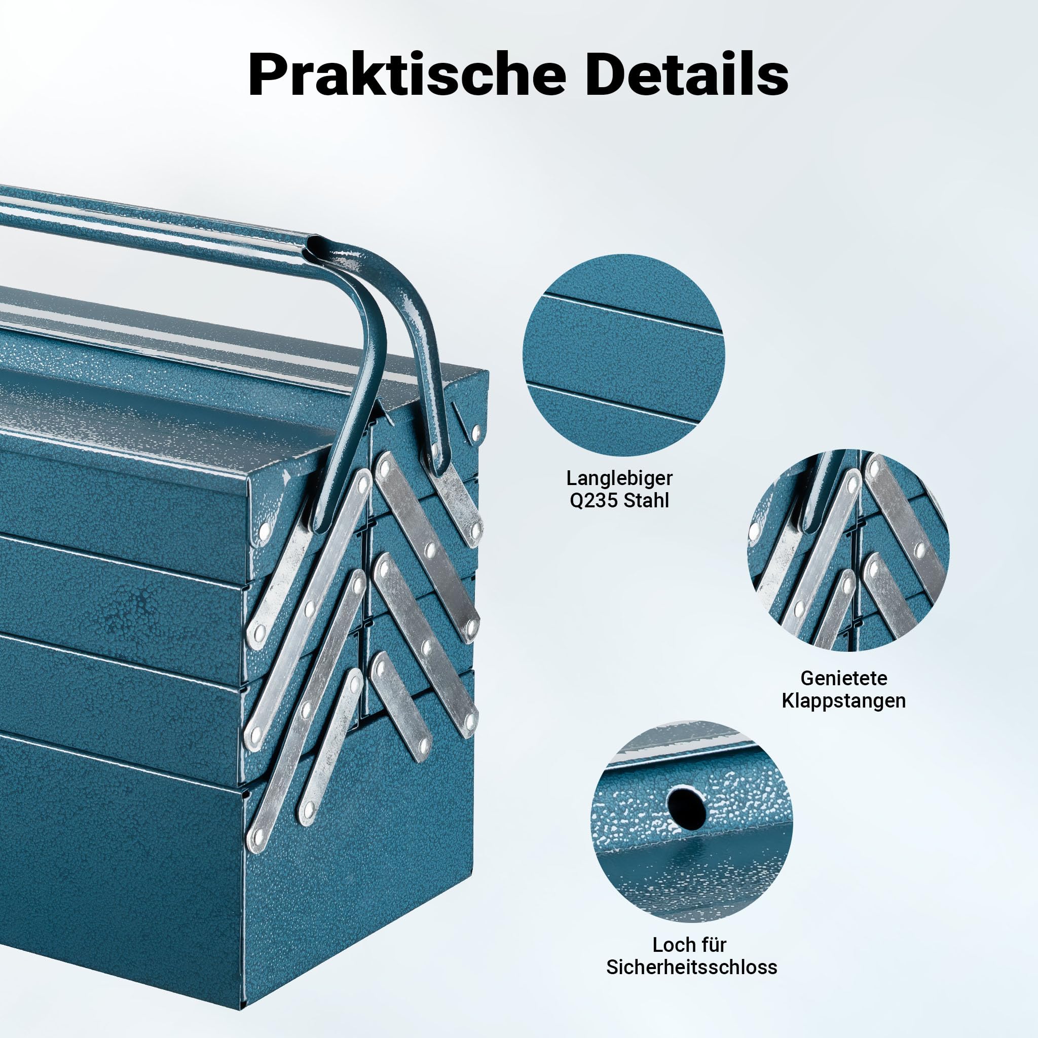 Wiltec Werkzeugkiste 530x200x250mm aus Stahl mit 7 Fächern, beständiger Werkzeugkasten mit Handgriff, Werkzeugbox