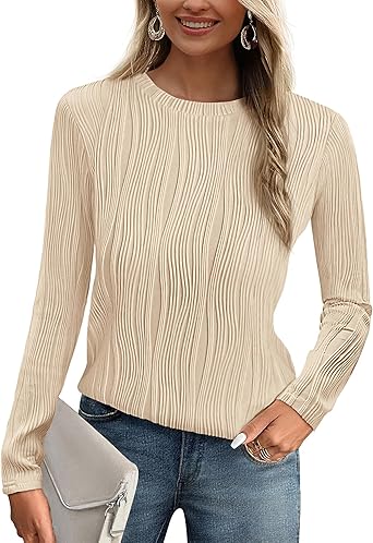PRETTYGARDEN Long Sleeve Tops for Women 2025 Spring Fall Trendy Business Dressy Casual Shirts Crewneck Textured Blouse