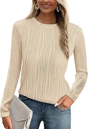 PRETTYGARDEN Long Sleeve Tops for Women 2025 Spring Fall Trendy Business Dressy Casual Shirts Crewneck Textured Blouse