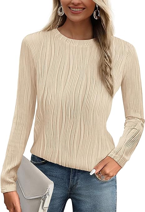 PRETTYGARDEN Long Sleeve Tops for Women 2025 Spring Fall Trendy Business Dressy Casual Shirts Crewneck Textured Blouse