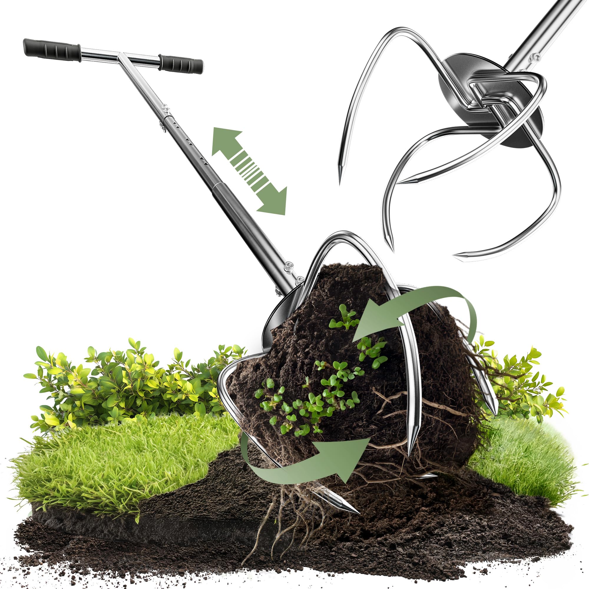 Garra de jardín con mango ajustable en altura y ergonómico | Extractor de malezas de acero inoxidable para jardinería | GT Kralle