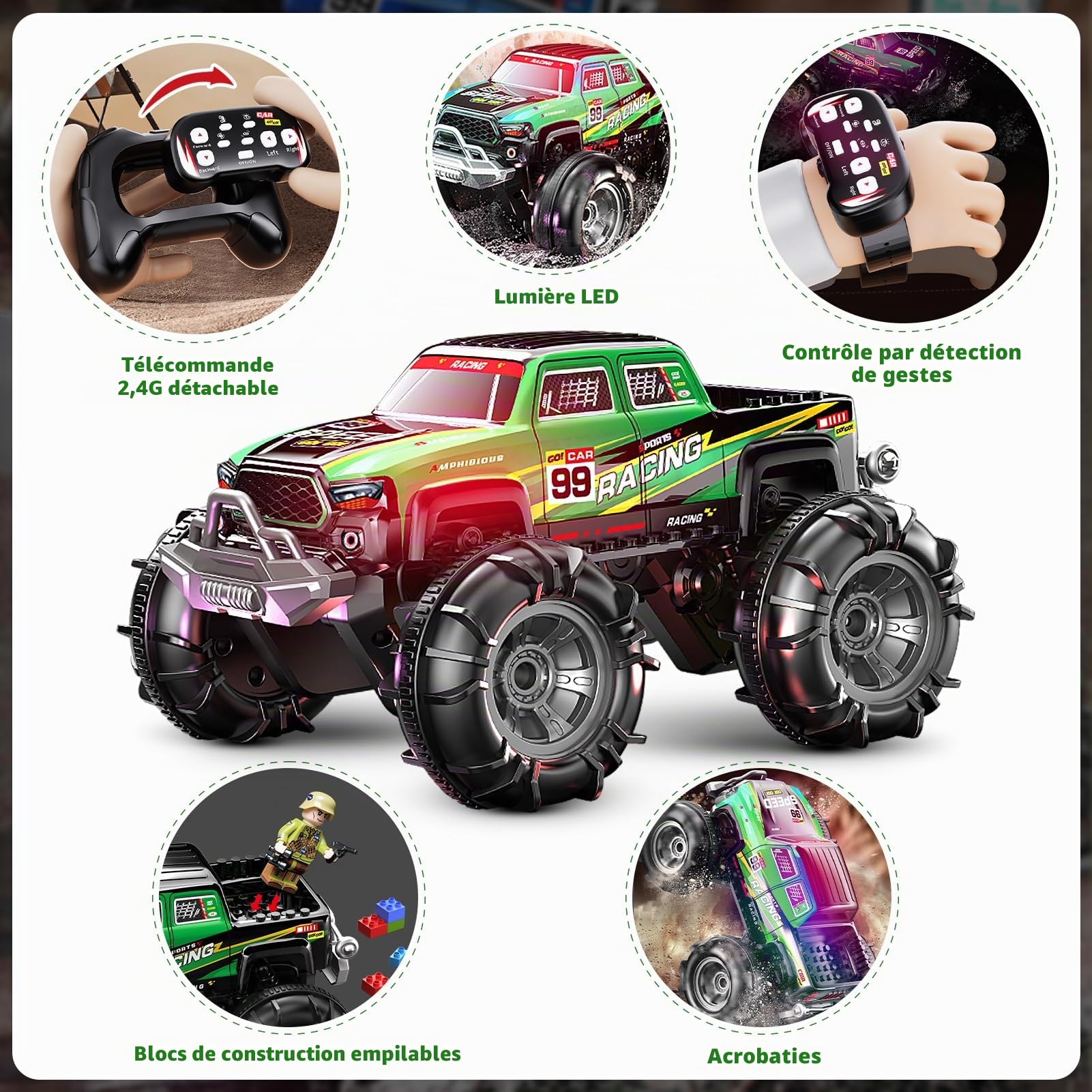 ROUSKY Monster Truck amphibie télécommandé, 2,4 GHz double commande avec montre et contrôleur, voiture télécommandée rotative à 360° avec lumières LED, vert course (vert)